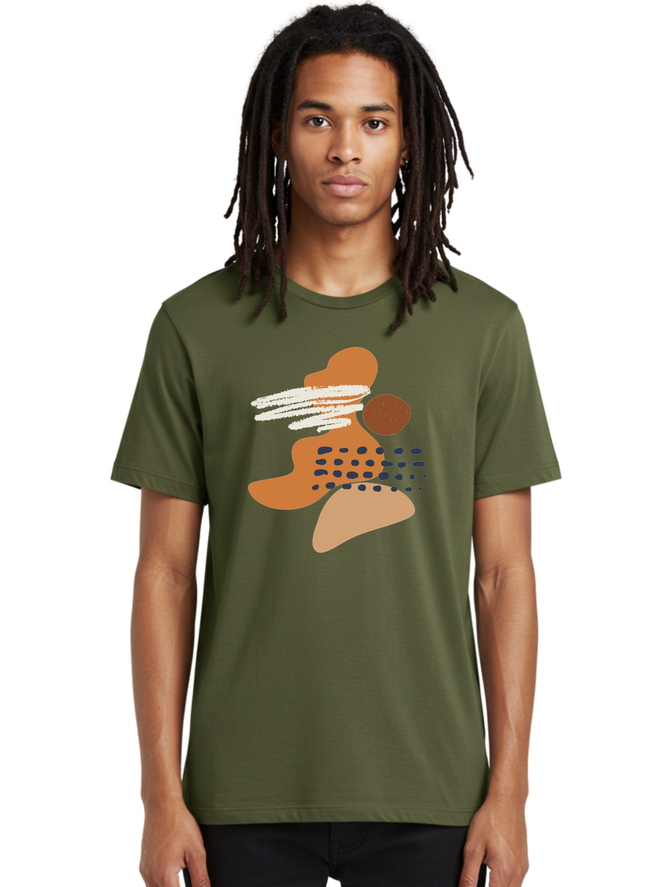 Abstract-Shapes Men'S Graphic Tee, 100% Cotton, Comfortable Casual Summer Wear, Machine Washable, Abstract Art, Modern Design, Geometric Shapes, Orange And Brown Hues, White Streaks, Black Dots, Artistic Expression, Contemporary Style -  Aaa357