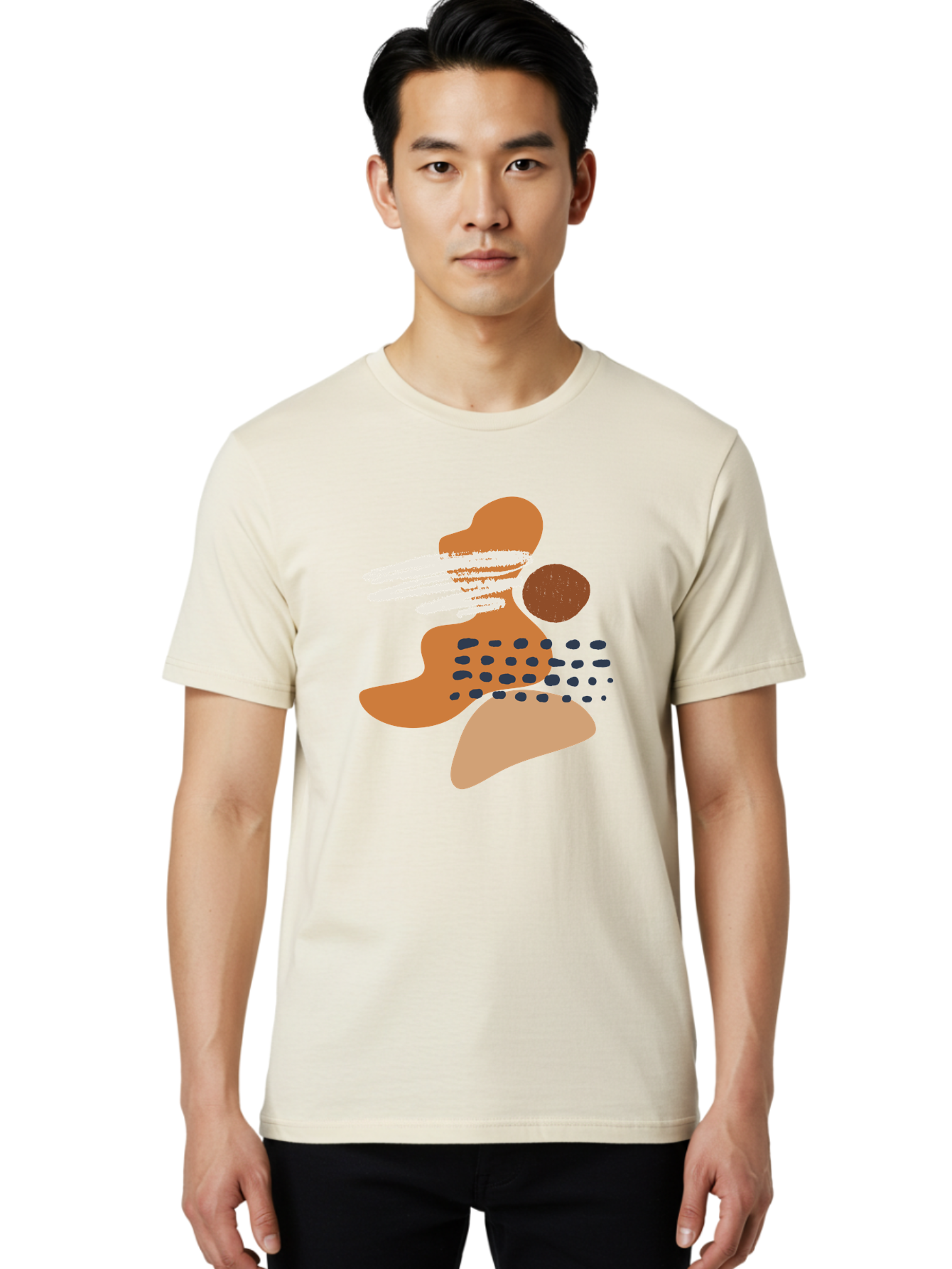 Abstract-Shapes Men'S Graphic Tee, 100% Cotton, Comfortable Casual Summer Wear, Machine Washable, Abstract Art, Modern Design, Geometric Shapes, Orange And Brown Hues, White Streaks, Black Dots, Artistic Expression, Contemporary Style -  Aaa357