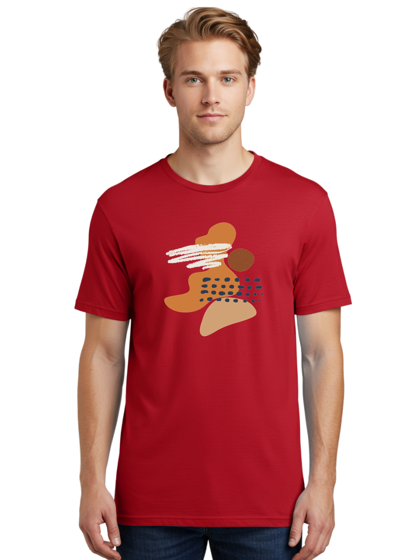 Abstract-Shapes Men'S Graphic Tee, 100% Cotton, Comfortable Casual Summer Wear, Machine Washable, Abstract Art, Modern Design, Geometric Shapes, Orange And Brown Hues, White Streaks, Black Dots, Artistic Expression, Contemporary Style -  Aaa357