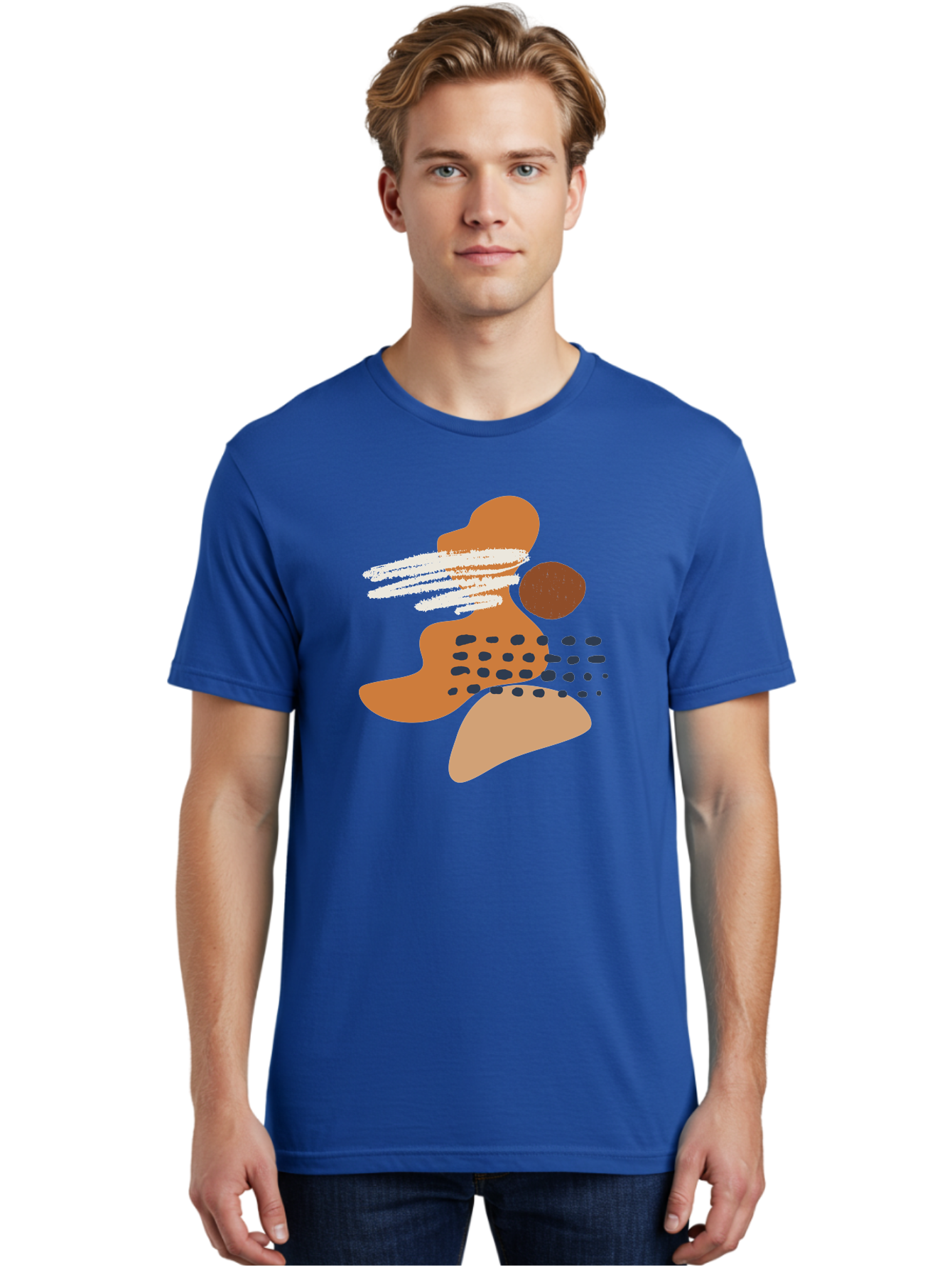 Abstract-Shapes Men'S Graphic Tee, 100% Cotton, Comfortable Casual Summer Wear, Machine Washable, Abstract Art, Modern Design, Geometric Shapes, Orange And Brown Hues, White Streaks, Black Dots, Artistic Expression, Contemporary Style -  Aaa357