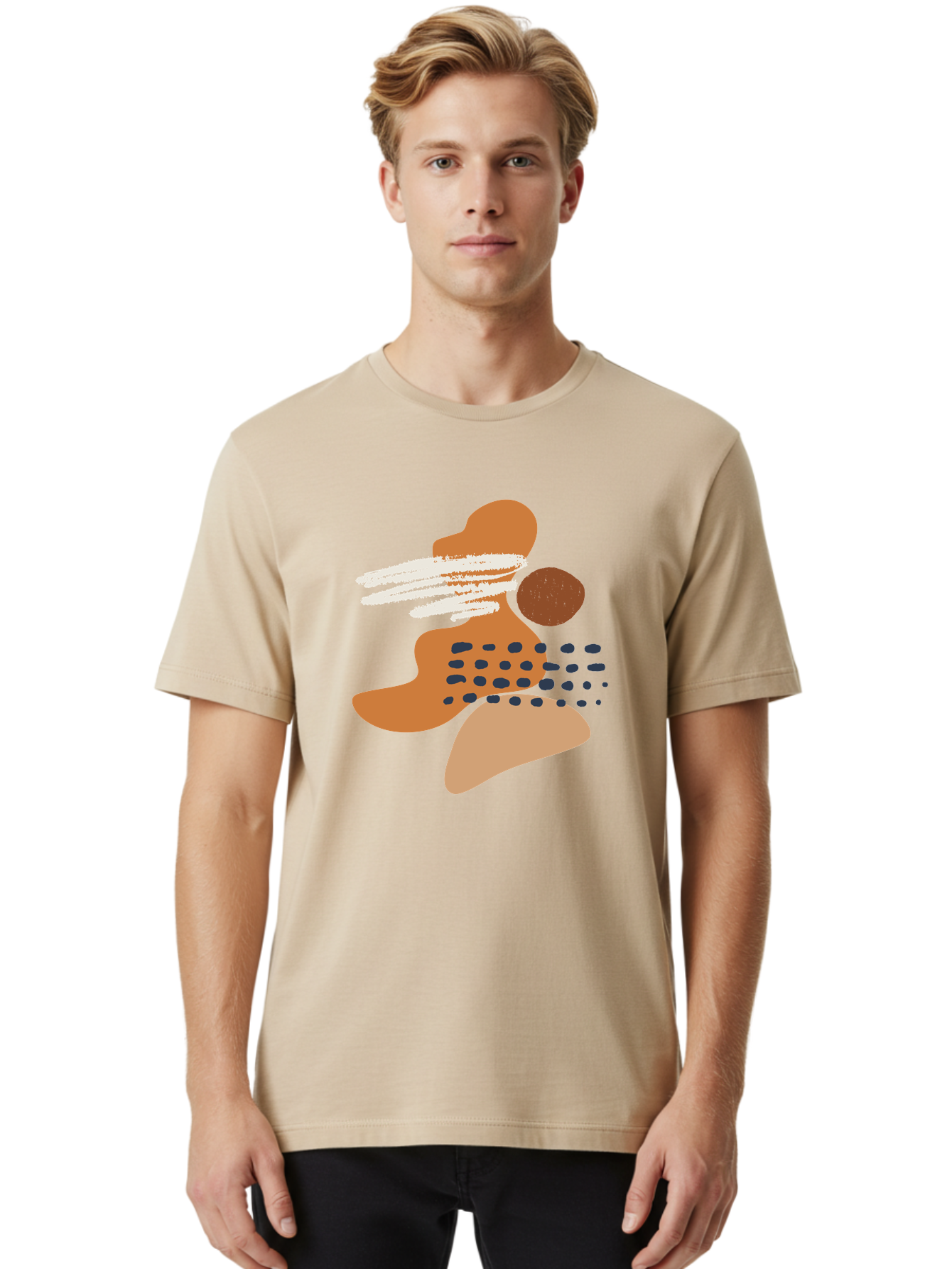 Abstract-Shapes Men'S Graphic Tee, 100% Cotton, Comfortable Casual Summer Wear, Machine Washable, Abstract Art, Modern Design, Geometric Shapes, Orange And Brown Hues, White Streaks, Black Dots, Artistic Expression, Contemporary Style -  Aaa357