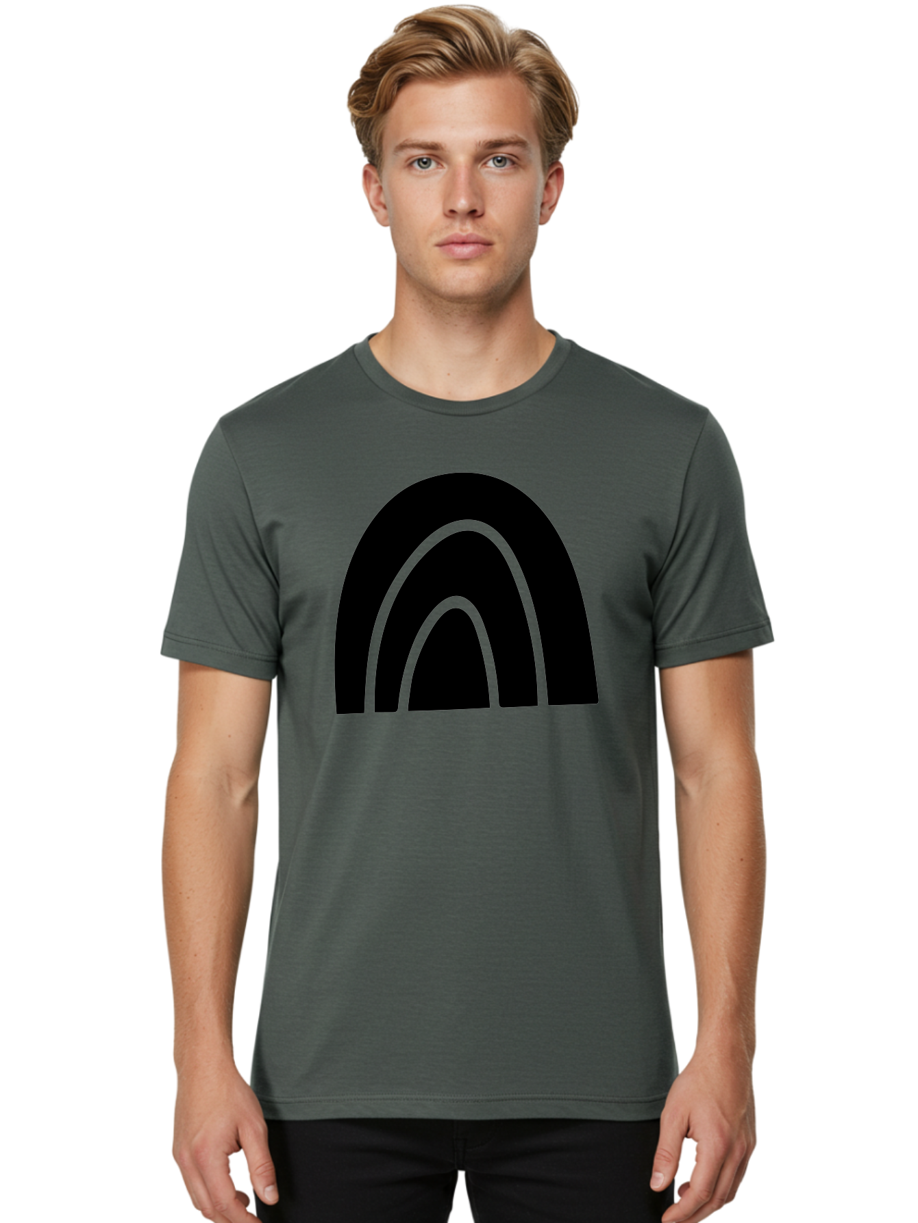 Black-Arches Men'S Graphic Tee, 100% Cotton, Comfortable Casual Summer Wear, Machine Washable, Black Arches, Neon Green Outlines, Modern Minimalist Design, Simple Shapes, Abstract Art, Geometric Pattern -  Aaa363