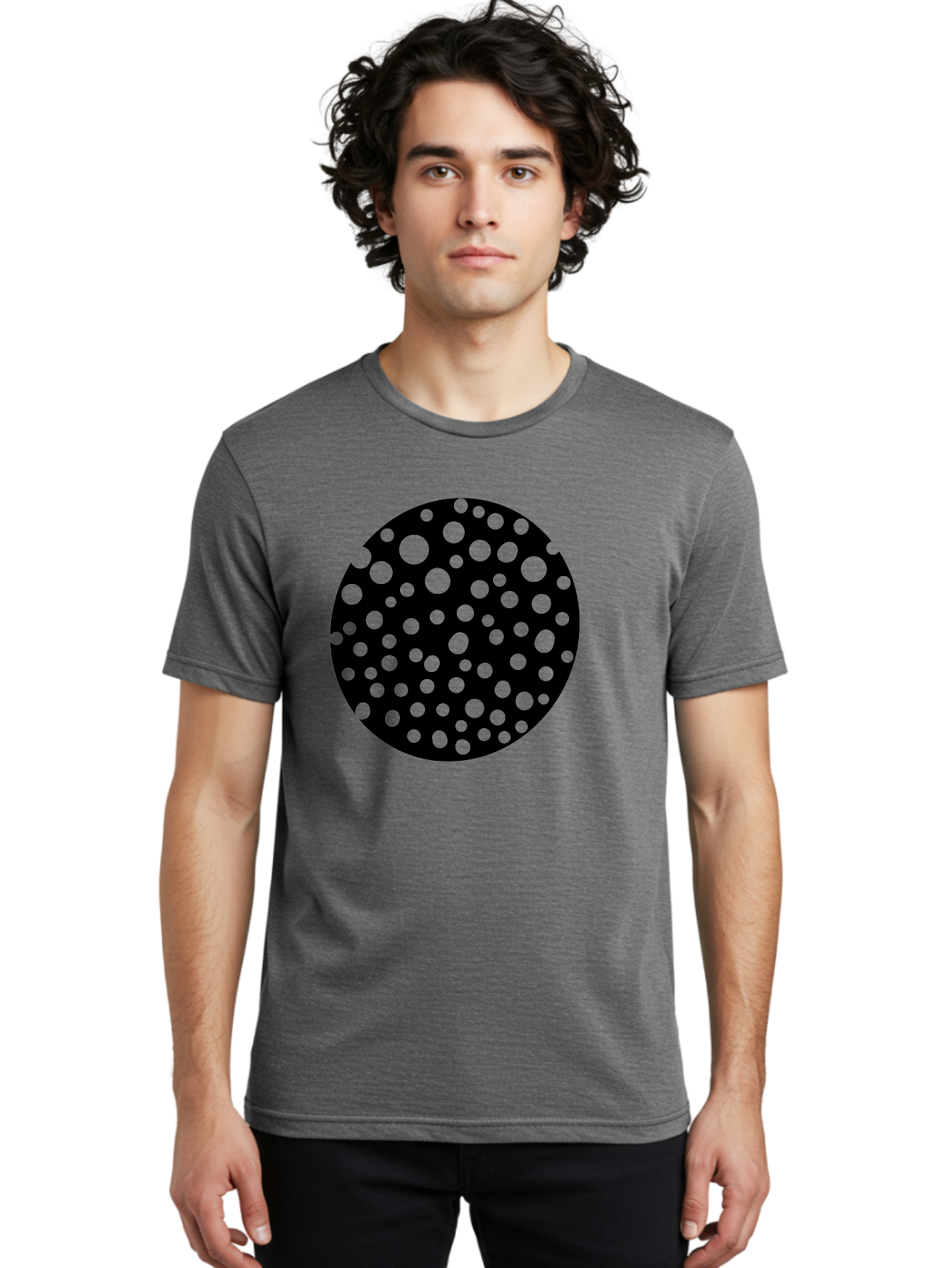 Black-Circle-With-Green-Dots Men'S Graphic Tee, 100% Cotton, Comfortable Casual Summer Wear, Machine Washable, Black Circle, Green Dots, Graphic Design, Abstract Art, Modern Pattern, Geometric Shapes, Simple Design, Bold Colors, -  Aaa368