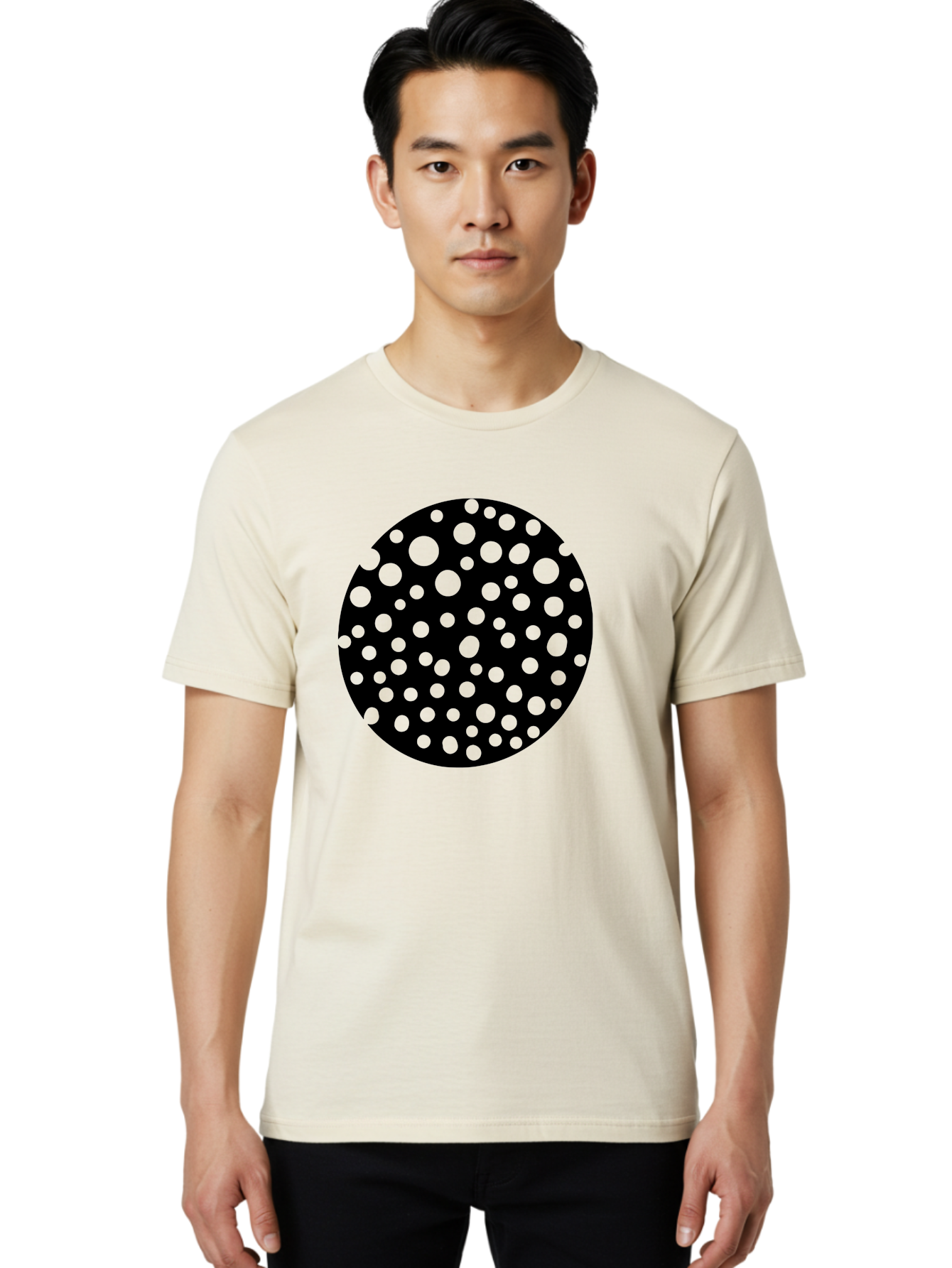 Black-Circle-With-Green-Dots Men'S Graphic Tee, 100% Cotton, Comfortable Casual Summer Wear, Machine Washable, Black Circle, Green Dots, Graphic Design, Abstract Art, Modern Pattern, Geometric Shapes, Simple Design, Bold Colors, -  Aaa368