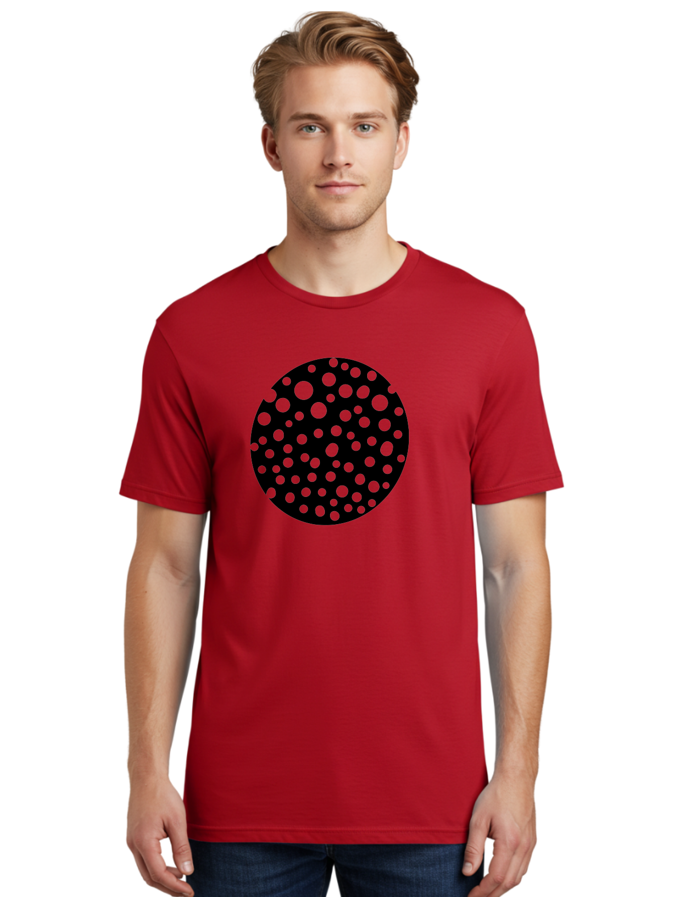 Black-Circle-With-Green-Dots Men'S Graphic Tee, 100% Cotton, Comfortable Casual Summer Wear, Machine Washable, Black Circle, Green Dots, Graphic Design, Abstract Art, Modern Pattern, Geometric Shapes, Simple Design, Bold Colors, -  Aaa368