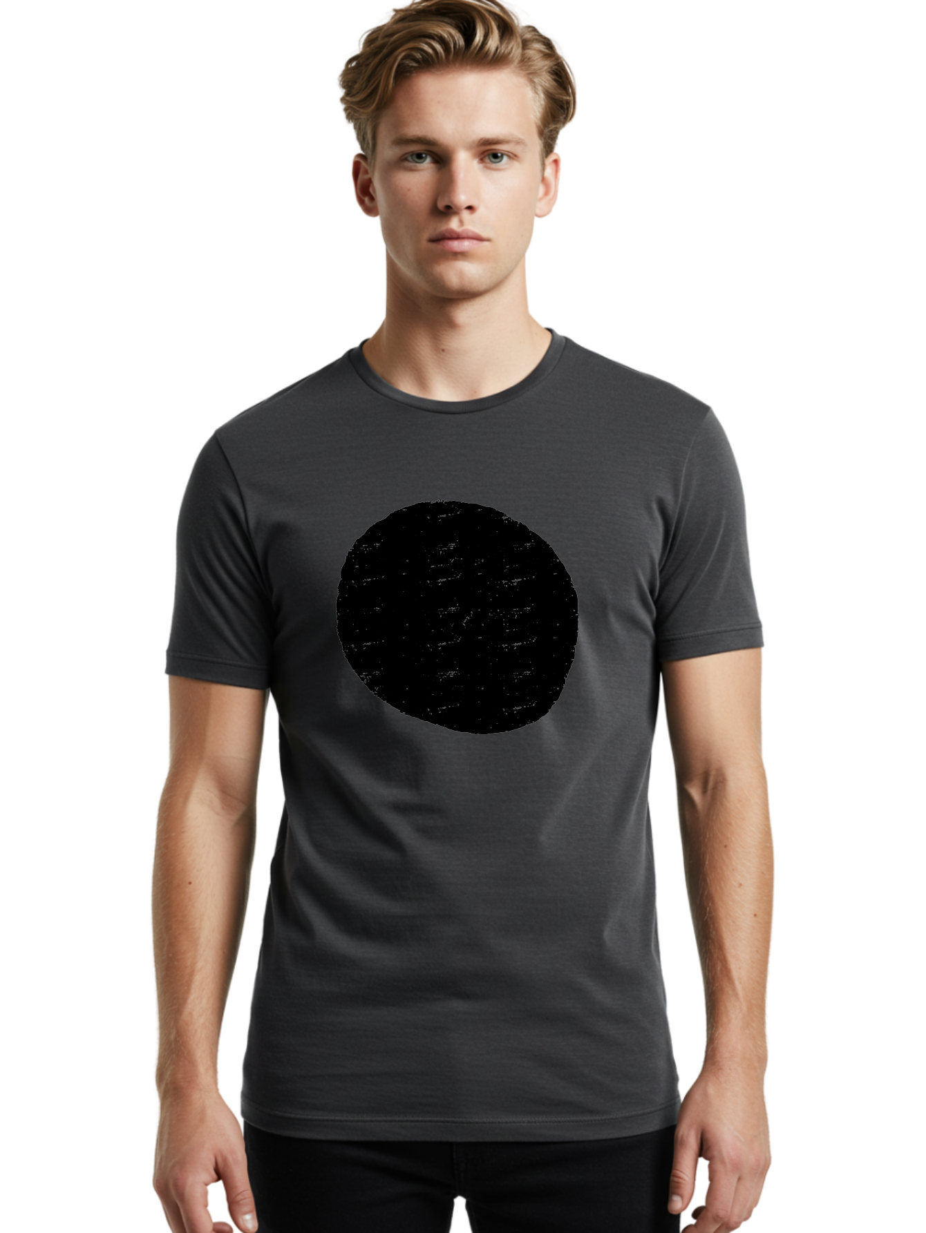Black-Circle Men'S Graphic Tee, 100% Cotton, Comfortable Casual Summer Wear, Machine Washable, Black Circle, Abstract Shape, Digital Art, Modern Design, Minimalist Style, Geometric Figure, Simple Icon -  Aaa369
