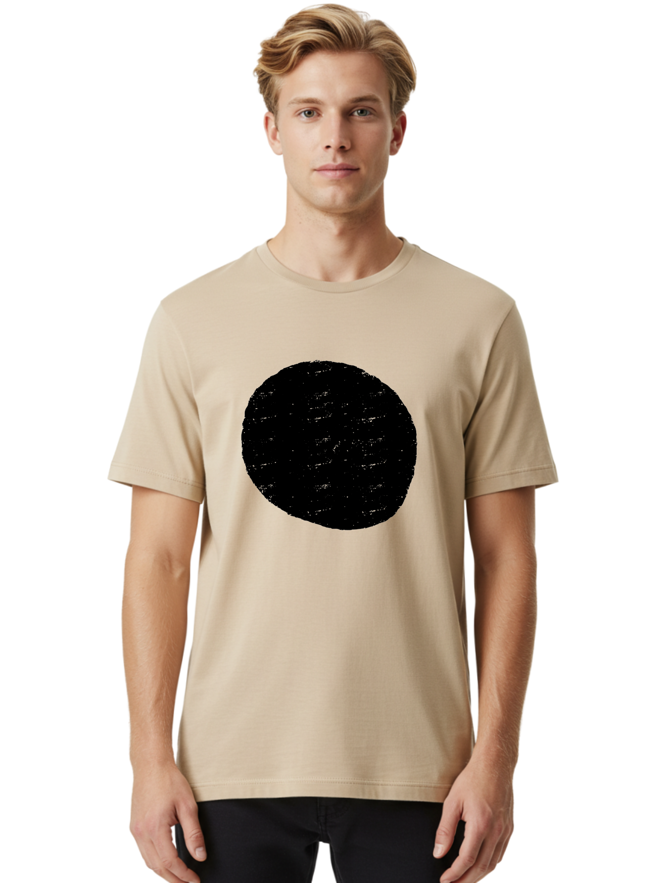 Black-Circle Men'S Graphic Tee, 100% Cotton, Comfortable Casual Summer Wear, Machine Washable, Black Circle, Abstract Shape, Digital Art, Modern Design, Minimalist Style, Geometric Figure, Simple Icon -  Aaa369