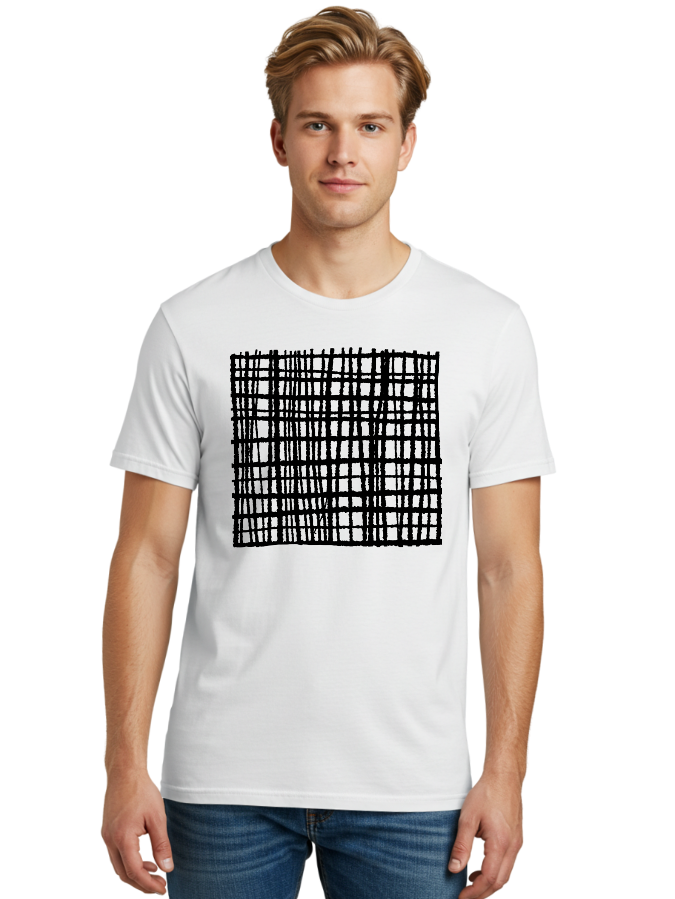 Black-Grid Men'S Graphic Tee, 100% Cotton, Comfortable Casual Summer Wear, Machine Washable, Black Grid Pattern, Graphic Design, Abstract Art, Geometric Shape, Modern Style, Contemporary Design, Grid Texture -  Aaa376