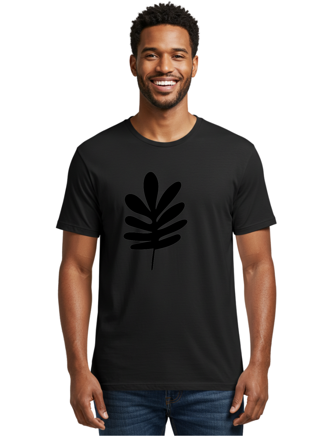 Black-Leaf-1 Men'S Graphic Tee, 100% Cotton, Comfortable Casual Summer Wear, Machine Washable, Schefflera Leaf, Black Silhouette, Minimalist Design, Simple Leaf, Foliage Icon, Botanical Graphic, Modern Art, Leaf Illustration -  Aaa377