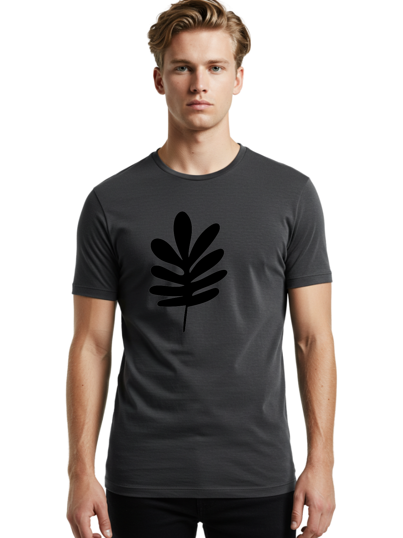 Black-Leaf-1 Men'S Graphic Tee, 100% Cotton, Comfortable Casual Summer Wear, Machine Washable, Schefflera Leaf, Black Silhouette, Minimalist Design, Simple Leaf, Foliage Icon, Botanical Graphic, Modern Art, Leaf Illustration -  Aaa377