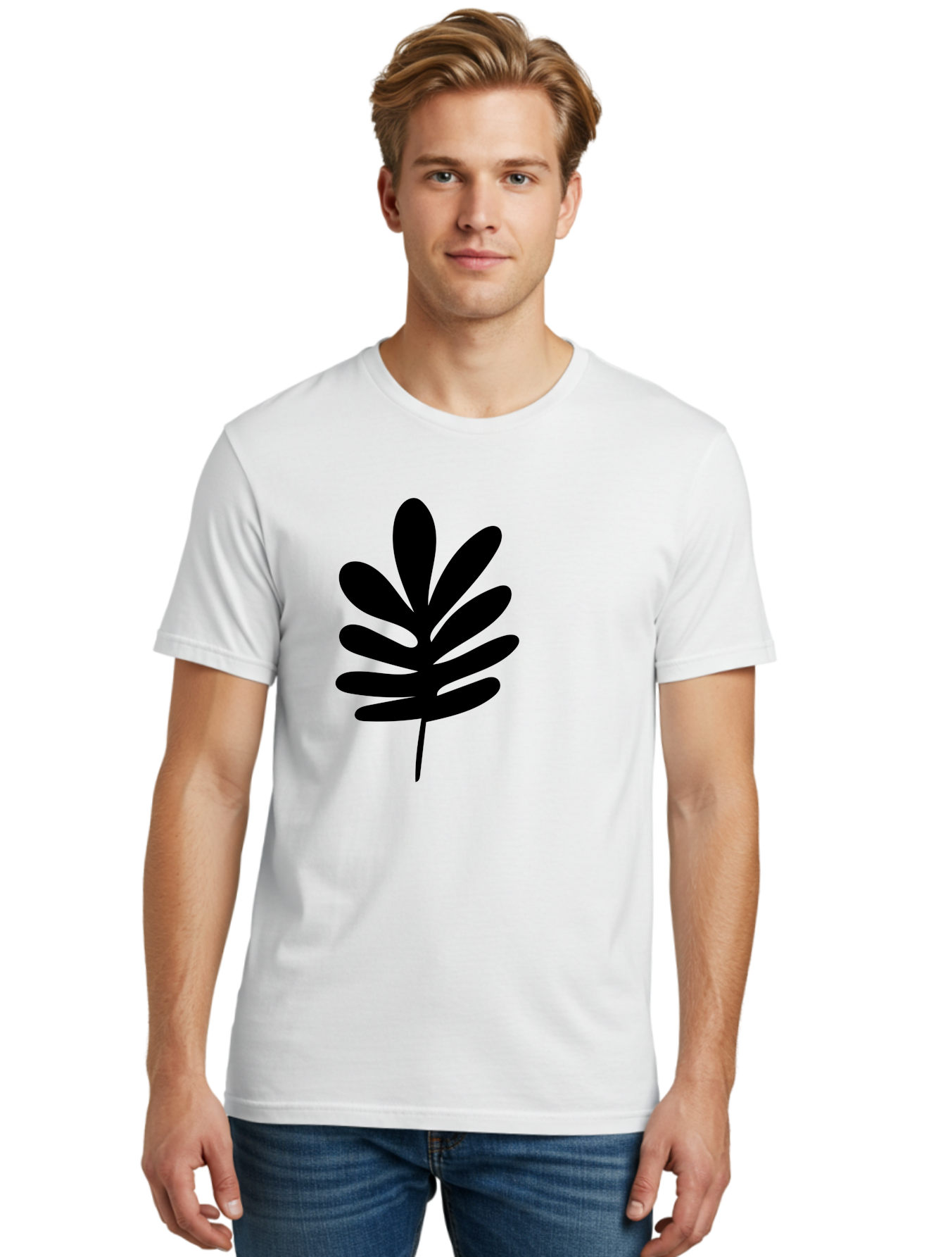 Black-Leaf-1 Men'S Graphic Tee, 100% Cotton, Comfortable Casual Summer Wear, Machine Washable, Schefflera Leaf, Black Silhouette, Minimalist Design, Simple Leaf, Foliage Icon, Botanical Graphic, Modern Art, Leaf Illustration -  Aaa377