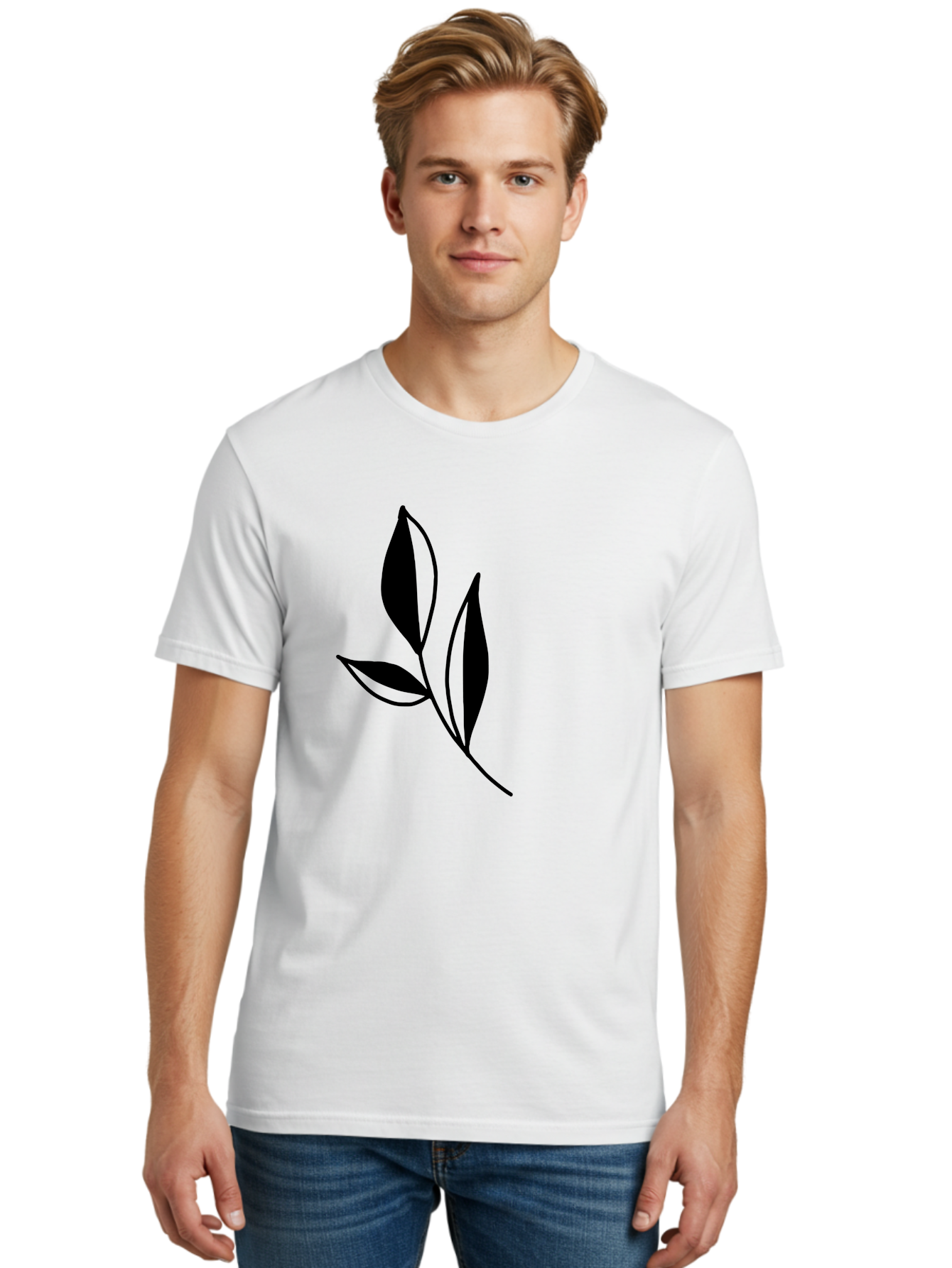 Black-Leaf Men'S Graphic Tee, 100% Cotton, Comfortable Casual Summer Wear, Machine Washable, Simple Leaf Design, Black Leaves, Minimalist Art, Nature Inspired, Botanical Illustration, Elegant Graphics, Leaf Silhouette -  Aaa379