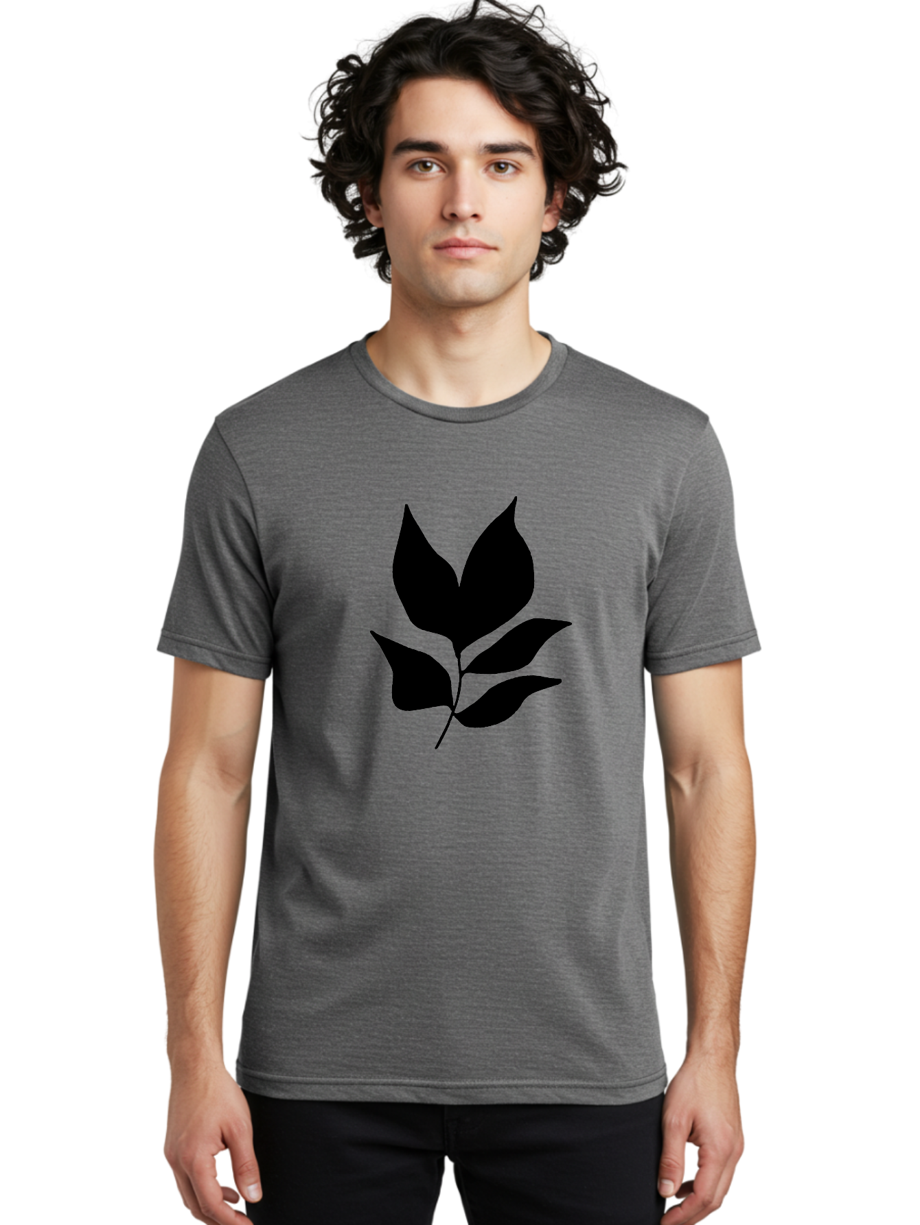 Black-Leaves-1 Men'S Graphic Tee, 100% Cotton, Comfortable Casual Summer Wear, Machine Washable, Five Leaves On Stem, Black Silhouette, Simple Design, Elegant Graphics, Minimalist Art, Leaf Icon, Nature-Inspired -  Aaa380