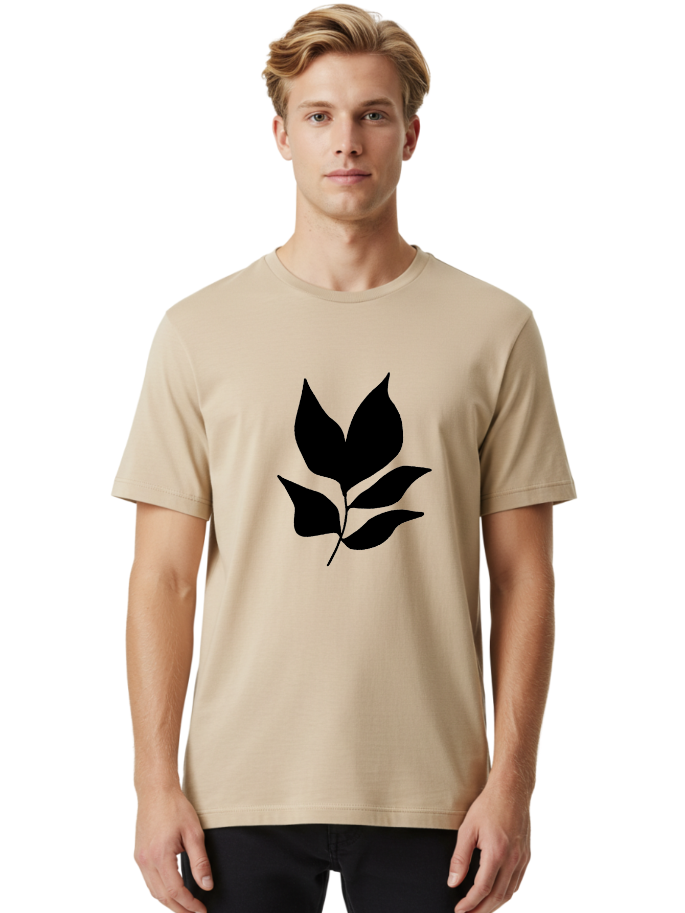 Black-Leaves-1 Men'S Graphic Tee, 100% Cotton, Comfortable Casual Summer Wear, Machine Washable, Five Leaves On Stem, Black Silhouette, Simple Design, Elegant Graphics, Minimalist Art, Leaf Icon, Nature-Inspired -  Aaa380