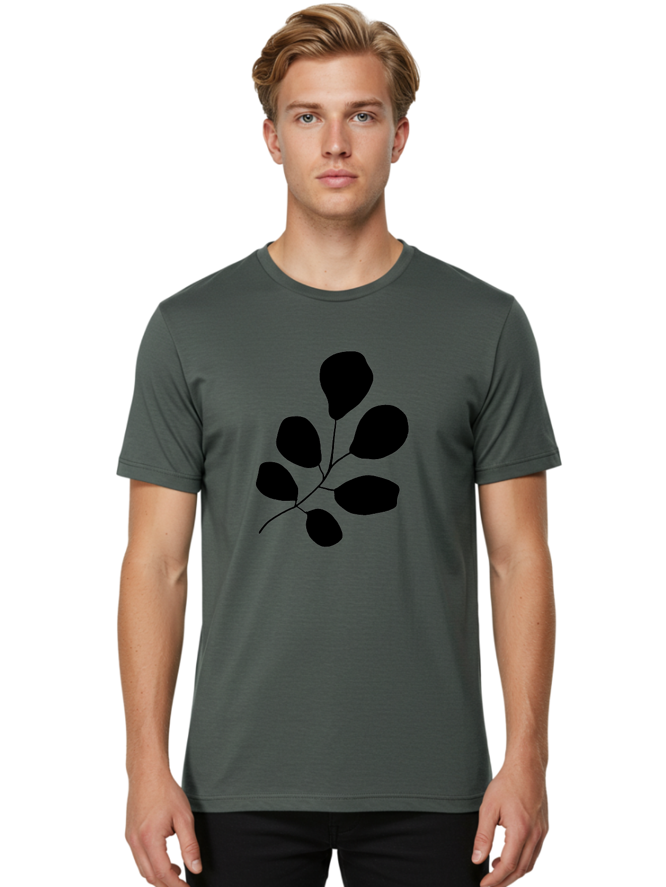 Black-Leaves-2 Men'S Graphic Tee, 100% Cotton, Comfortable Casual Summer Wear, Machine Washable, Simple Leaf Illustration, Minimalist Design, Black Silhouettes, Botanical Graphic, Leafy Branch, Modern Art -  Aaa381