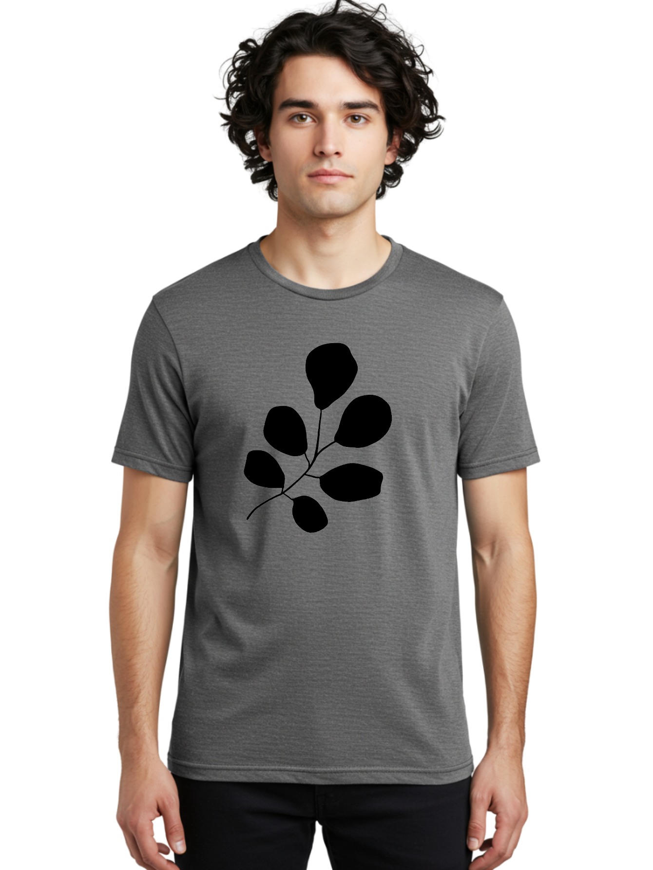 Black-Leaves-2 Men'S Graphic Tee, 100% Cotton, Comfortable Casual Summer Wear, Machine Washable, Simple Leaf Illustration, Minimalist Design, Black Silhouettes, Botanical Graphic, Leafy Branch, Modern Art -  Aaa381