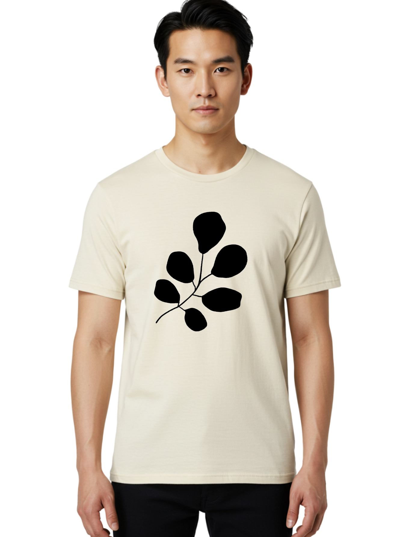 Black-Leaves-2 Men'S Graphic Tee, 100% Cotton, Comfortable Casual Summer Wear, Machine Washable, Simple Leaf Illustration, Minimalist Design, Black Silhouettes, Botanical Graphic, Leafy Branch, Modern Art -  Aaa381