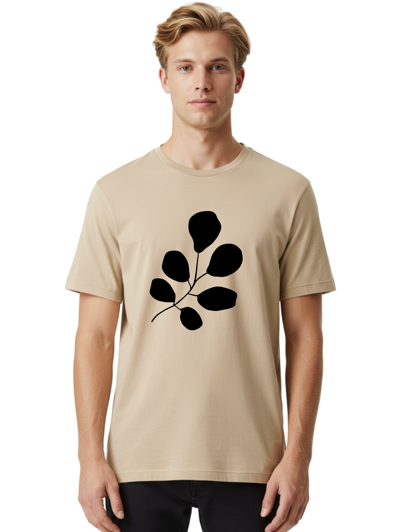 Black-Leaves-2 Men'S Graphic Tee, 100% Cotton, Comfortable Casual Summer Wear, Machine Washable, Simple Leaf Illustration, Minimalist Design, Black Silhouettes, Botanical Graphic, Leafy Branch, Modern Art -  Aaa381