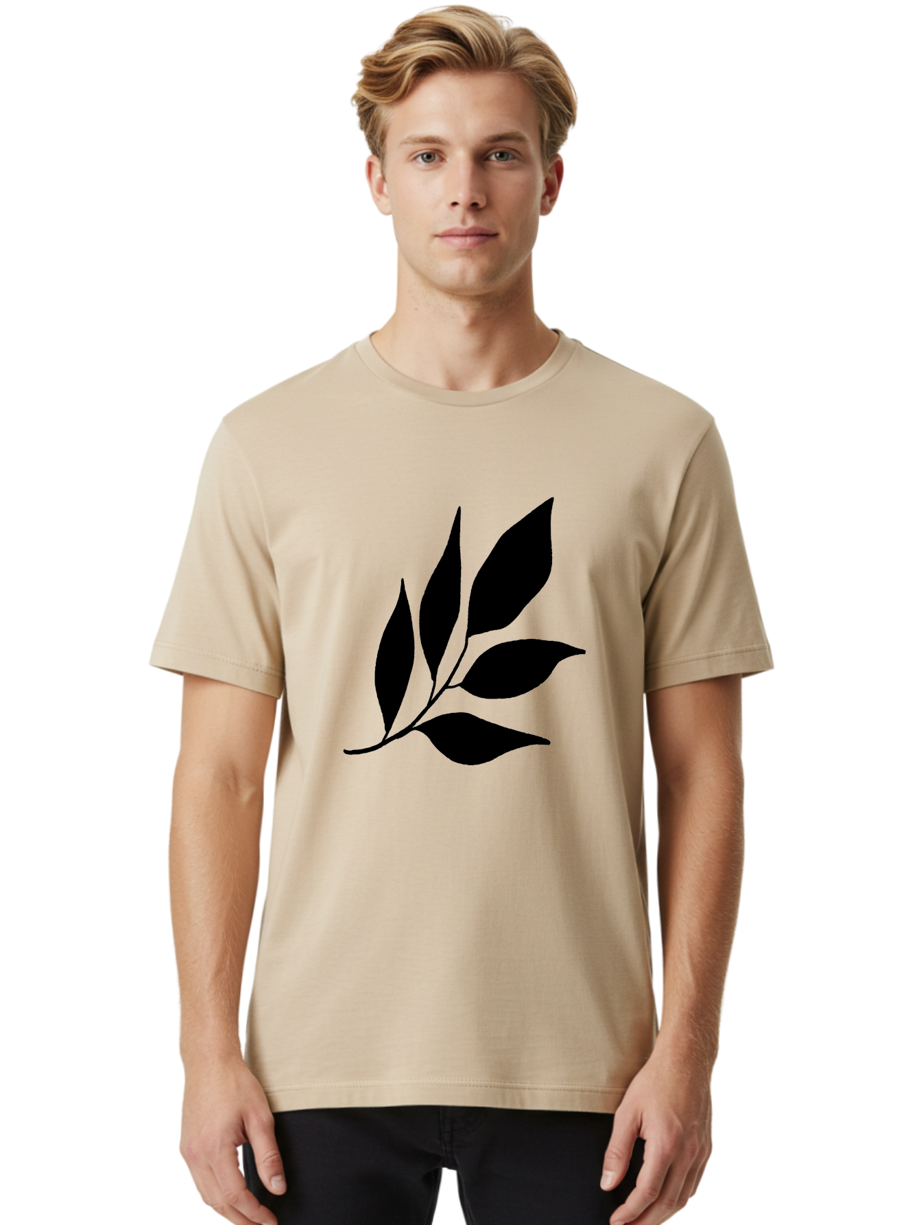 Black-Leaves-3 Men'S Graphic Tee, 100% Cotton, Comfortable Casual Summer Wear, Machine Washable, Black Leaves, Leafy Branch, Natural Elements, Simple Graphics, Minimalist Design, Leaf Silhouette, Botanical Illustration -  Aaa382