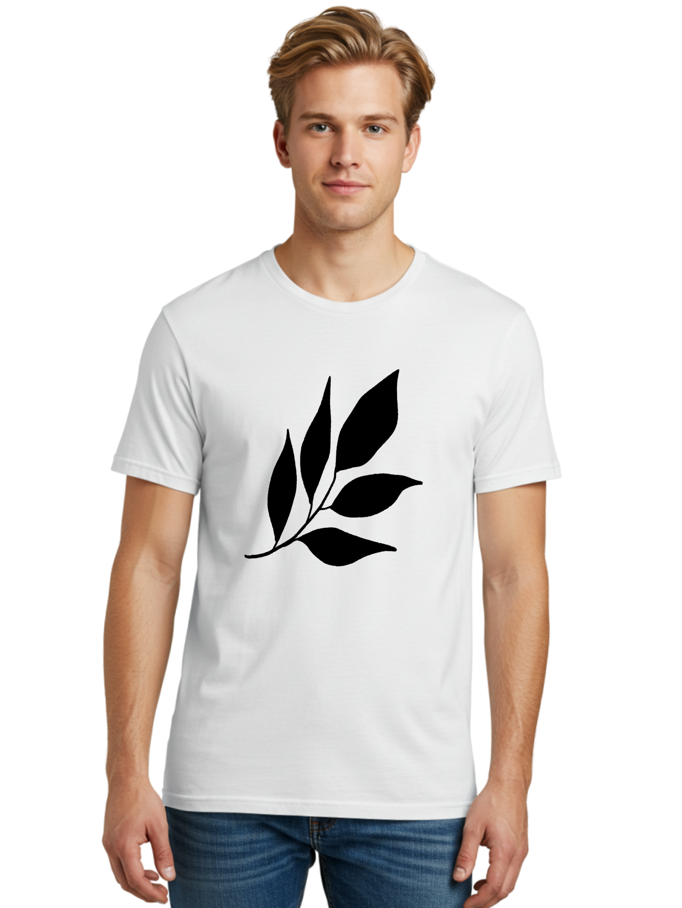 Black-Leaves-3 Men'S Graphic Tee, 100% Cotton, Comfortable Casual Summer Wear, Machine Washable, Black Leaves, Leafy Branch, Natural Elements, Simple Graphics, Minimalist Design, Leaf Silhouette, Botanical Illustration -  Aaa382