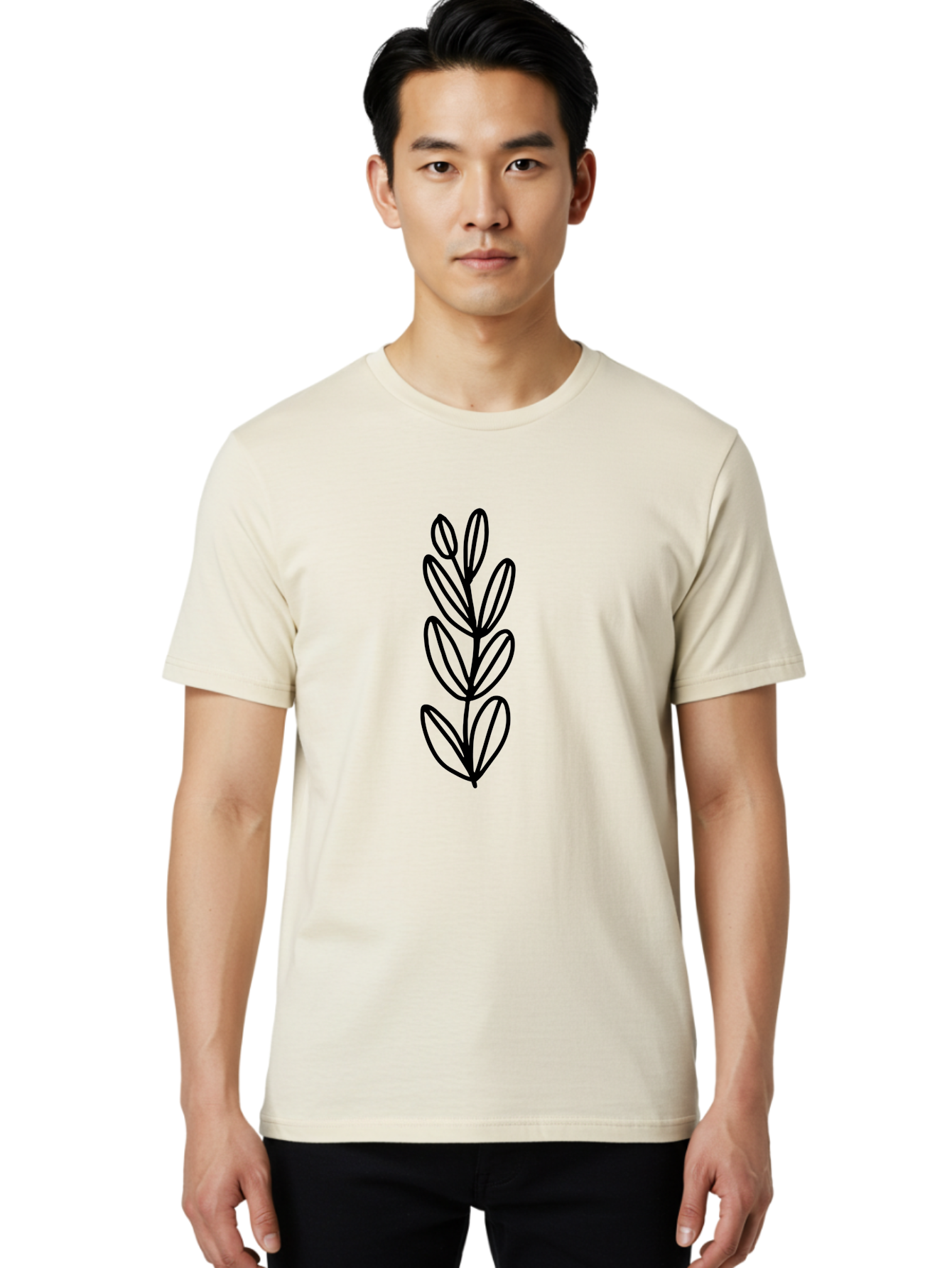 Black-Leaves Men'S Graphic Tee, 100% Cotton, Comfortable Casual Summer Wear, Machine Washable, Simple Plant Illustration, Minimalist Design, Black Outline, Leafy Greens, Botanical Art, Modern Simplicity, Graphic Design Element -  Aaa384