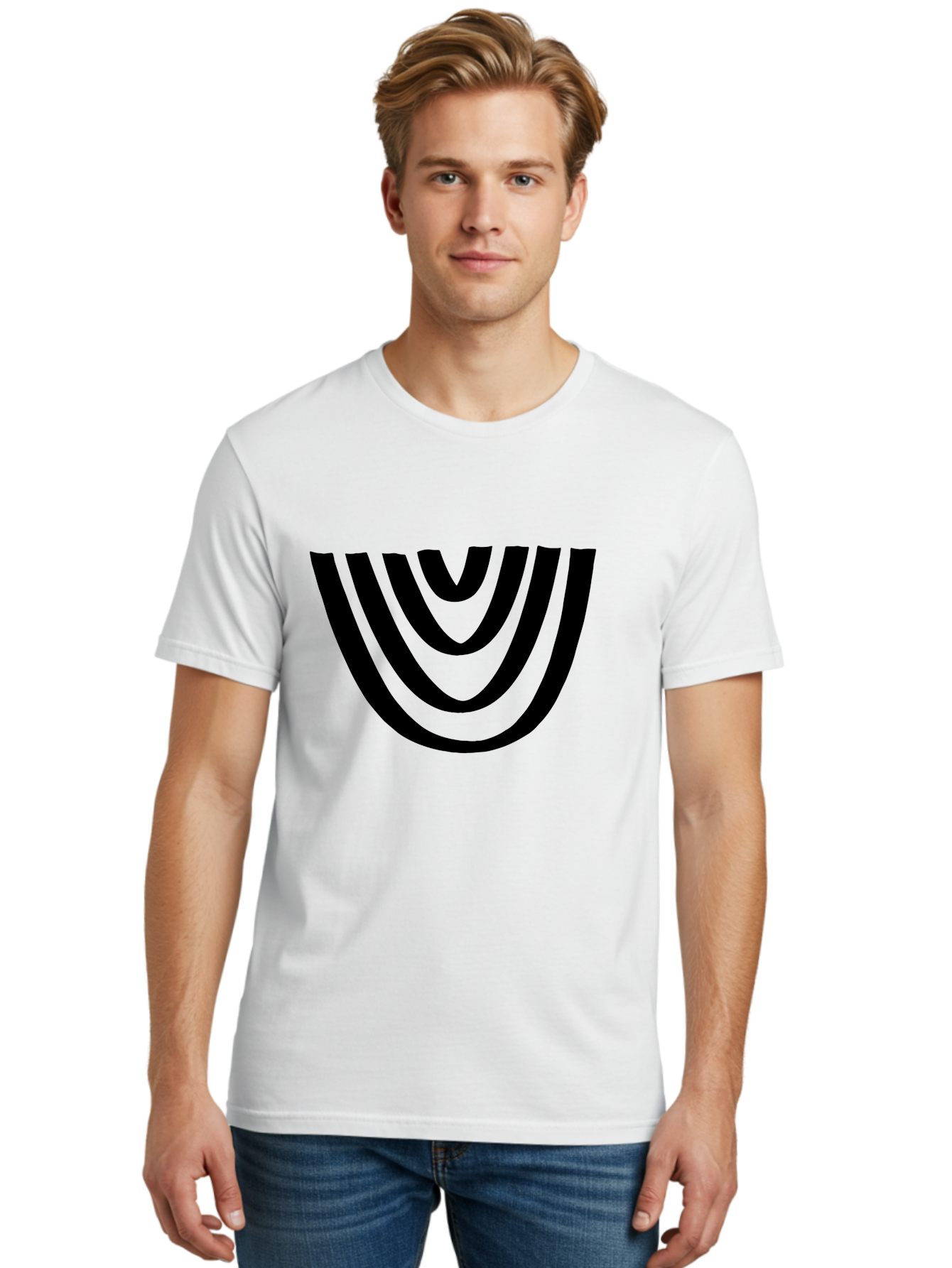 Black-U-Shaped-Lines Men'S Graphic Tee, 100% Cotton, Comfortable Casual Summer Wear, Machine Washable, Curved Lines, Abstract Design, Black Lines, Layered Effect, Modern Art, Geometric Pattern, Minimalistic Style -  Aaa398