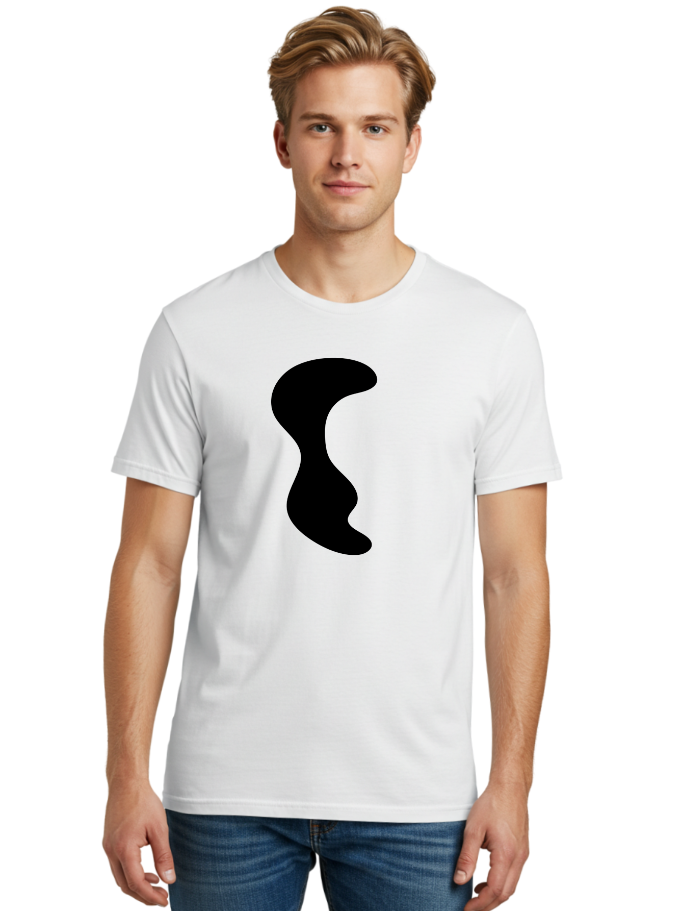 Black-Wavy-Shape Men'S Graphic Tee, 100% Cotton, Comfortable Casual Summer Wear, Machine Washable, Abstract Black Shape, Fluid Design, Modern Art, Sleek Silhouette, Minimalist Graphics, Dynamic Curve -  Aaa399