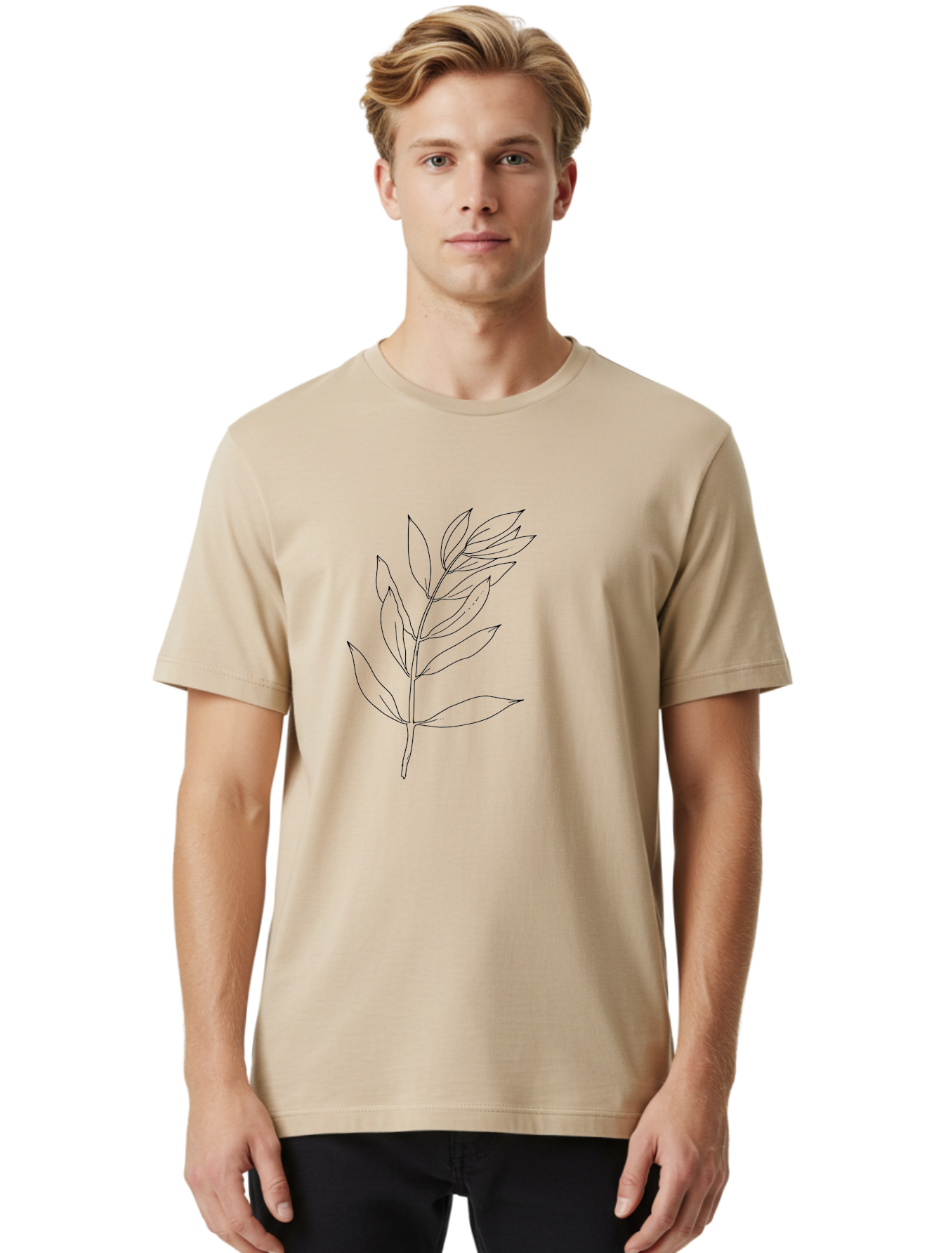 Branch Men'S Graphic Tee, 100% Cotton, Comfortable Casual Summer Wear, Machine Washable, Simple Leaf Design, Black Outline, Minimalistic Art, Botanical Illustration, Leaf Pattern, Foliage, Graphic Design, Nature-Inspired -  Aaa402
