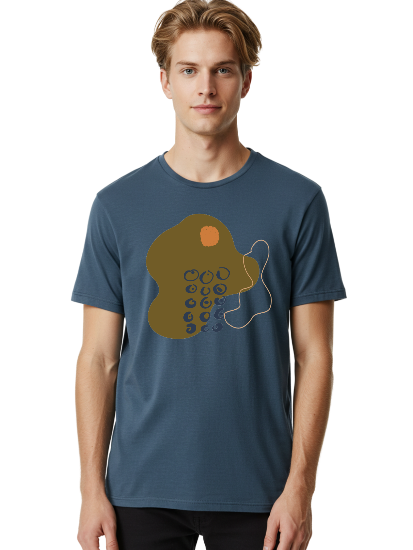Brown-Blob Men'S Graphic Tee, 100% Cotton, Comfortable Casual Summer Wear, Machine Washable, Abstract Art, Modern Design, Blue Circles, Brown Blob, Irregular Shape, Creative Expression, Digital Illustration, Unique Pattern -  Aaa403