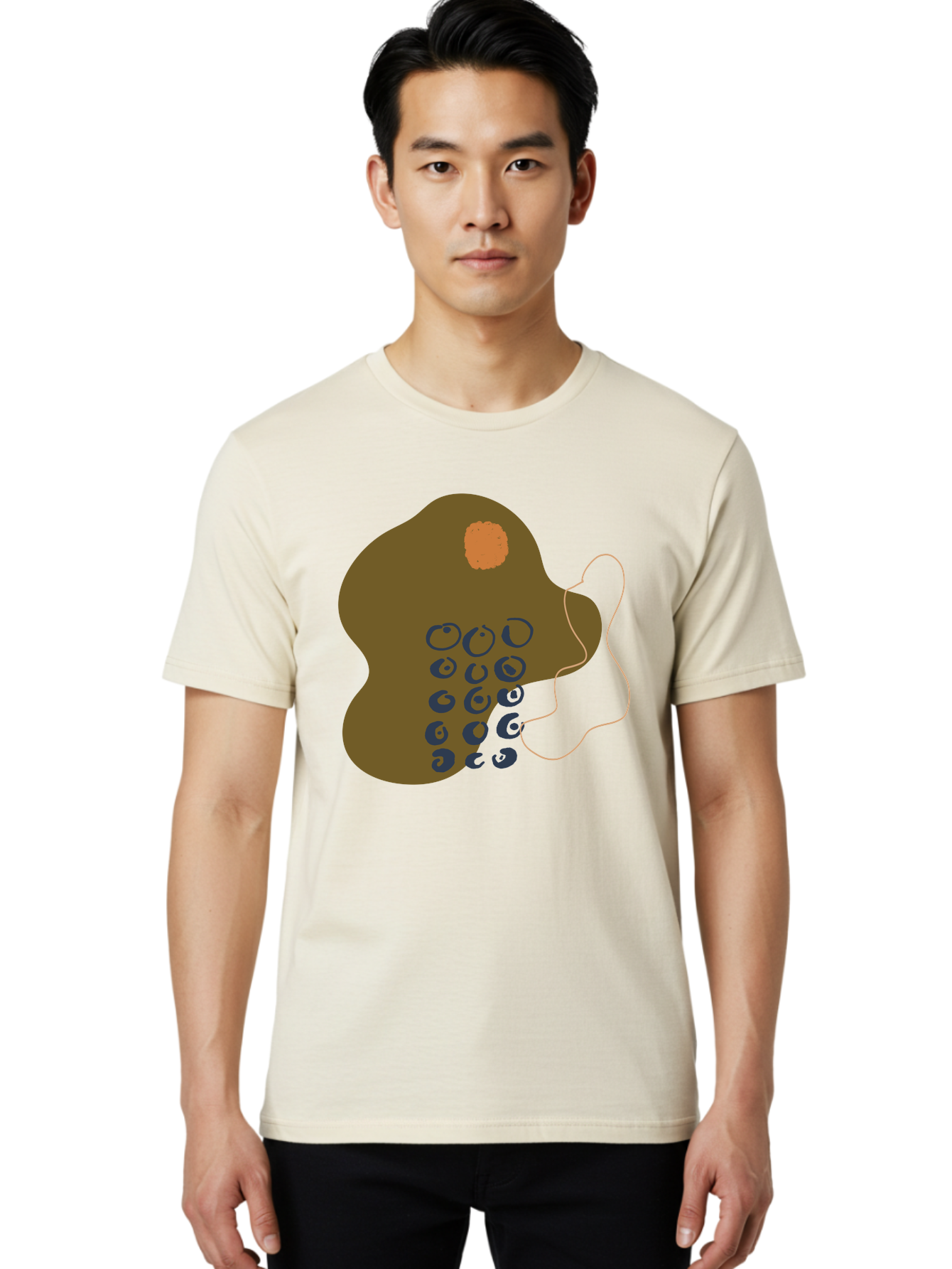 Brown-Blob Men'S Graphic Tee, 100% Cotton, Comfortable Casual Summer Wear, Machine Washable, Abstract Art, Modern Design, Blue Circles, Brown Blob, Irregular Shape, Creative Expression, Digital Illustration, Unique Pattern -  Aaa403