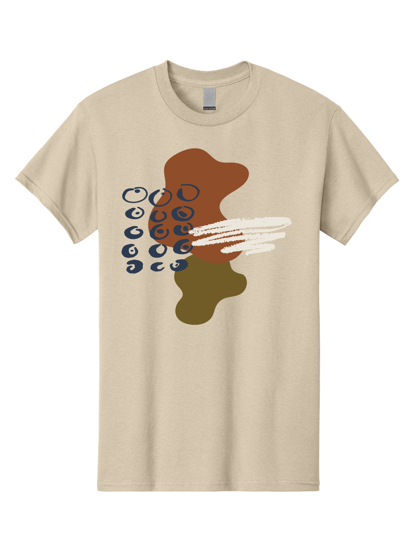 Brown-Shape-With-Swirls-And-Lines Men'S Graphic Tee, 100% Cotton, Comfortable Casual Summer Wear, Machine Washable, Brown Abstract Shape, Swirling Patterns, White Streaks, Blue Circles, Artistic Expression, Creative Design, Digital Art, -  Aaa404