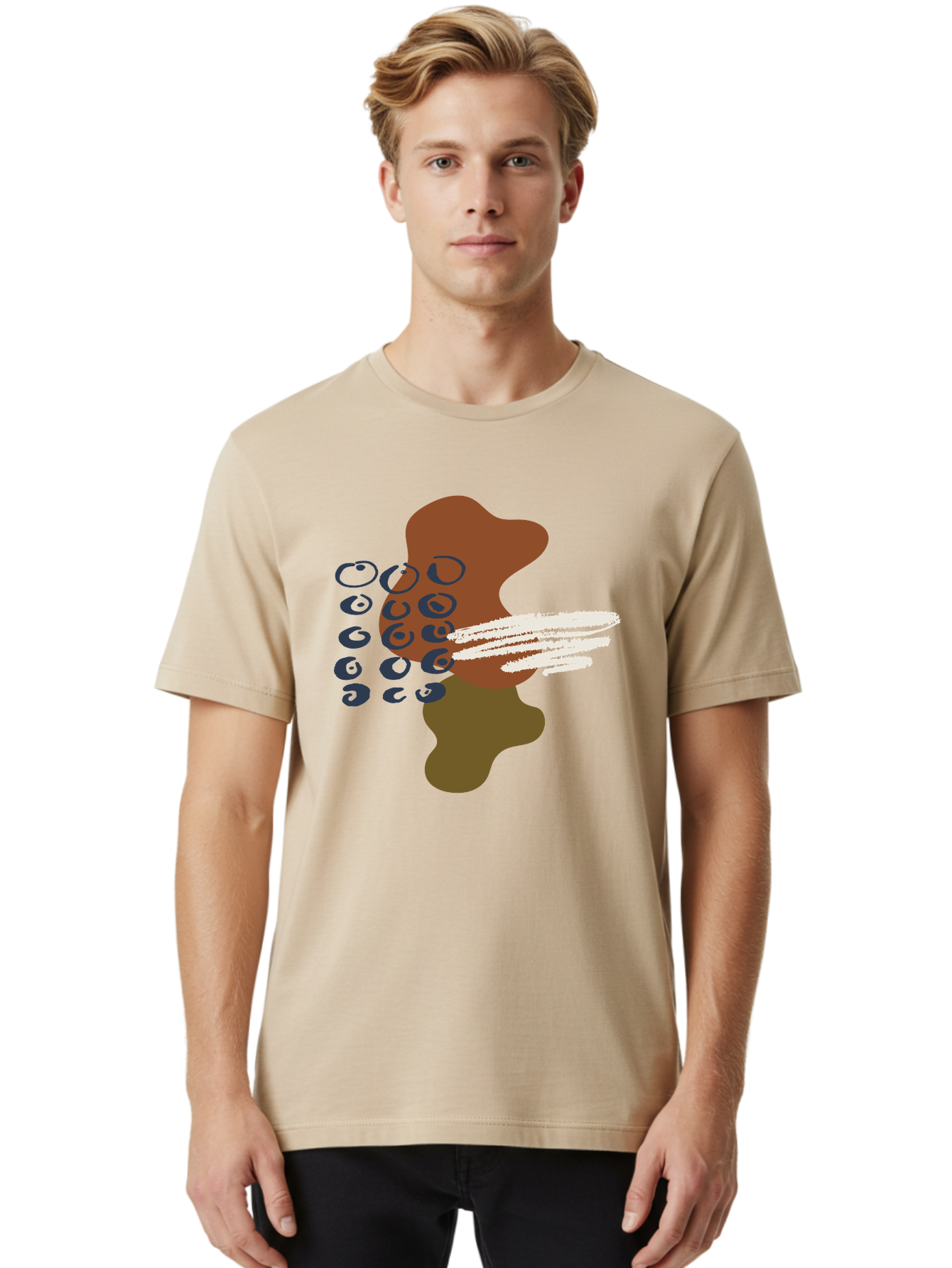 Brown-Shape-With-Swirls-And-Lines Men'S Graphic Tee, 100% Cotton, Comfortable Casual Summer Wear, Machine Washable, Brown Abstract Shape, Swirling Patterns, White Streaks, Blue Circles, Artistic Expression, Creative Design, Digital Art, -  Aaa404