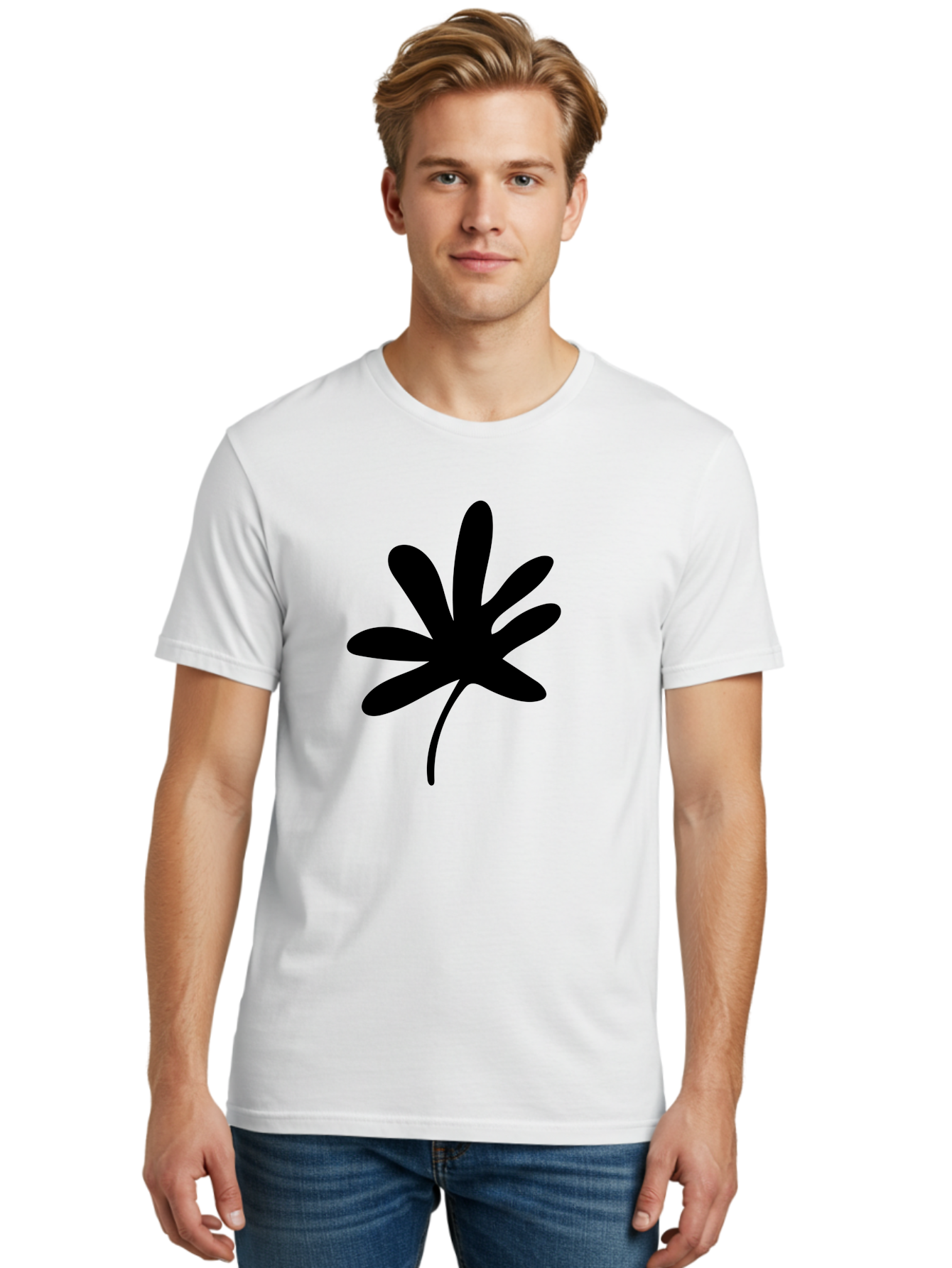 Cannabis-Leaf-2 Men'S Graphic Tee, 100% Cotton, Comfortable Casual Summer Wear, Machine Washable, Cannabis Leaf, Marijuana Symbol, Seven Pointed Leaf, Black Silhouette, Simple Design, Graphic Icon, Cannabis Culture, Weed Leaf -  Aaa407