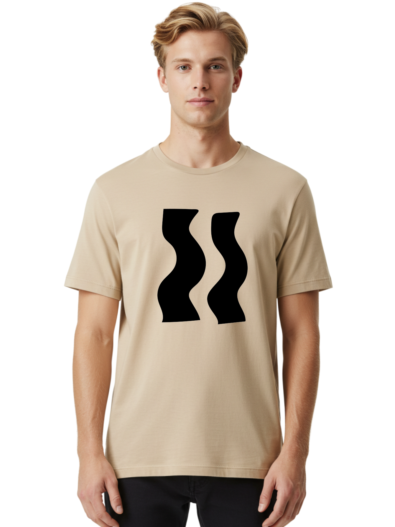 Double-S Men'S Graphic Tee, 100% Cotton, Comfortable Casual Summer Wear, Machine Washable, Wavy Silhouettes, Black Shapes, Abstract Design, Modern Art, Sleek Pattern, Contemporary Style, Graphic Illustration -  Aaa424