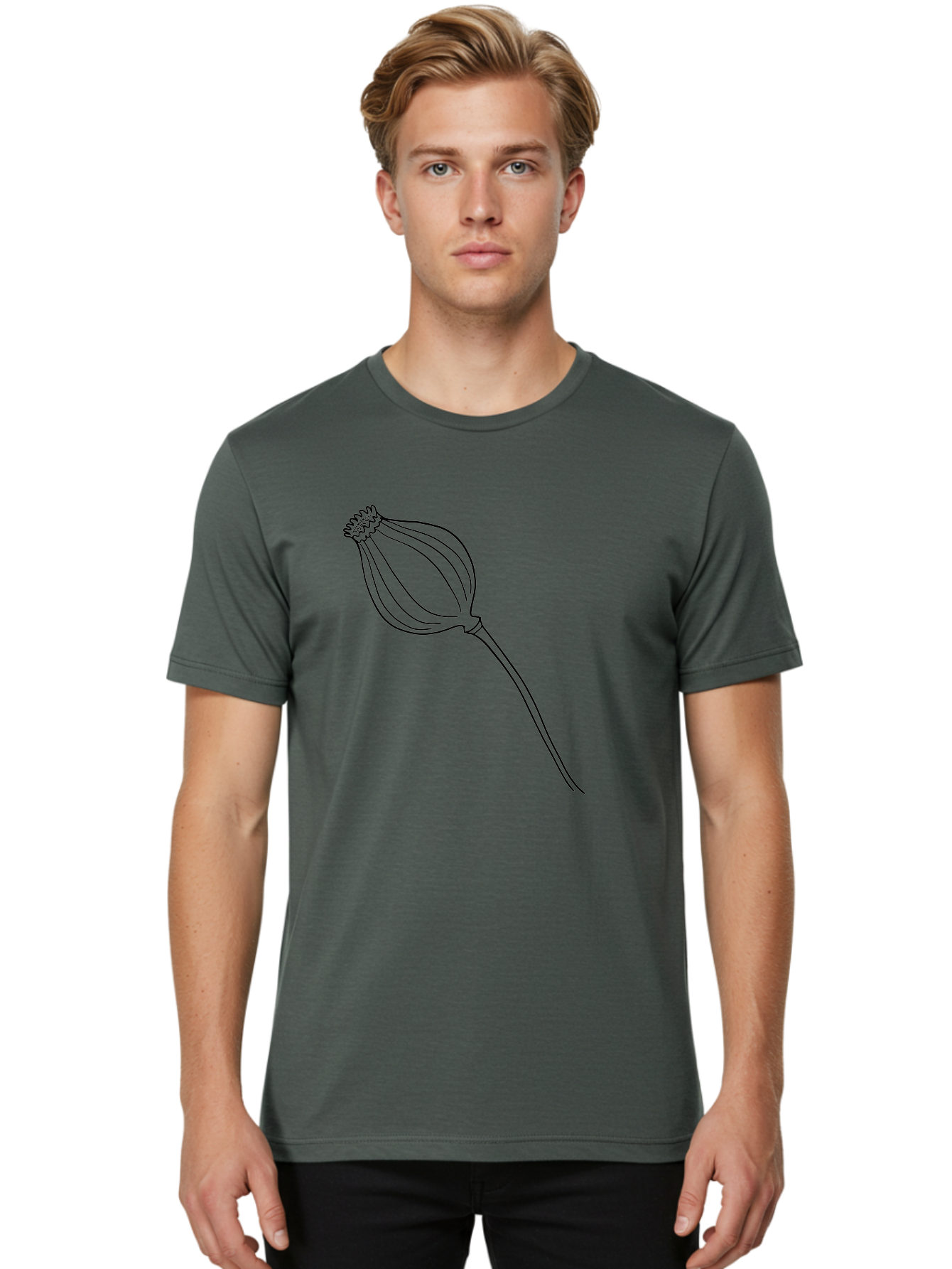 Dried-Poppy Men'S Graphic Tee, 100% Cotton, Comfortable Casual Summer Wear, Machine Washable, Simple Line Art, Minimalist Design, Flower Bud, Botanical Illustration, Elegant Lines, Delicate Form, Black Outline -  Aaa425