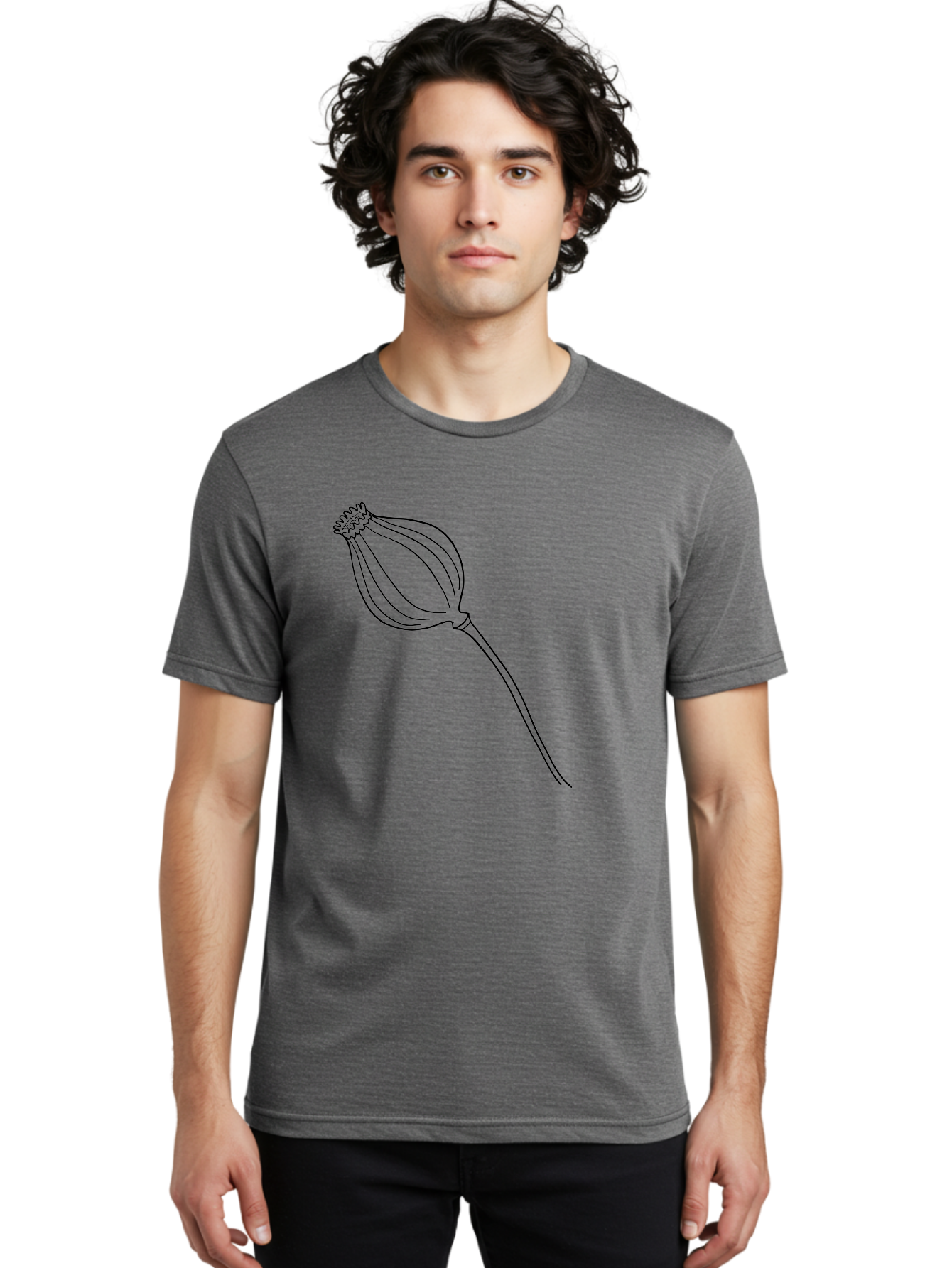 Dried-Poppy Men'S Graphic Tee, 100% Cotton, Comfortable Casual Summer Wear, Machine Washable, Simple Line Art, Minimalist Design, Flower Bud, Botanical Illustration, Elegant Lines, Delicate Form, Black Outline -  Aaa425