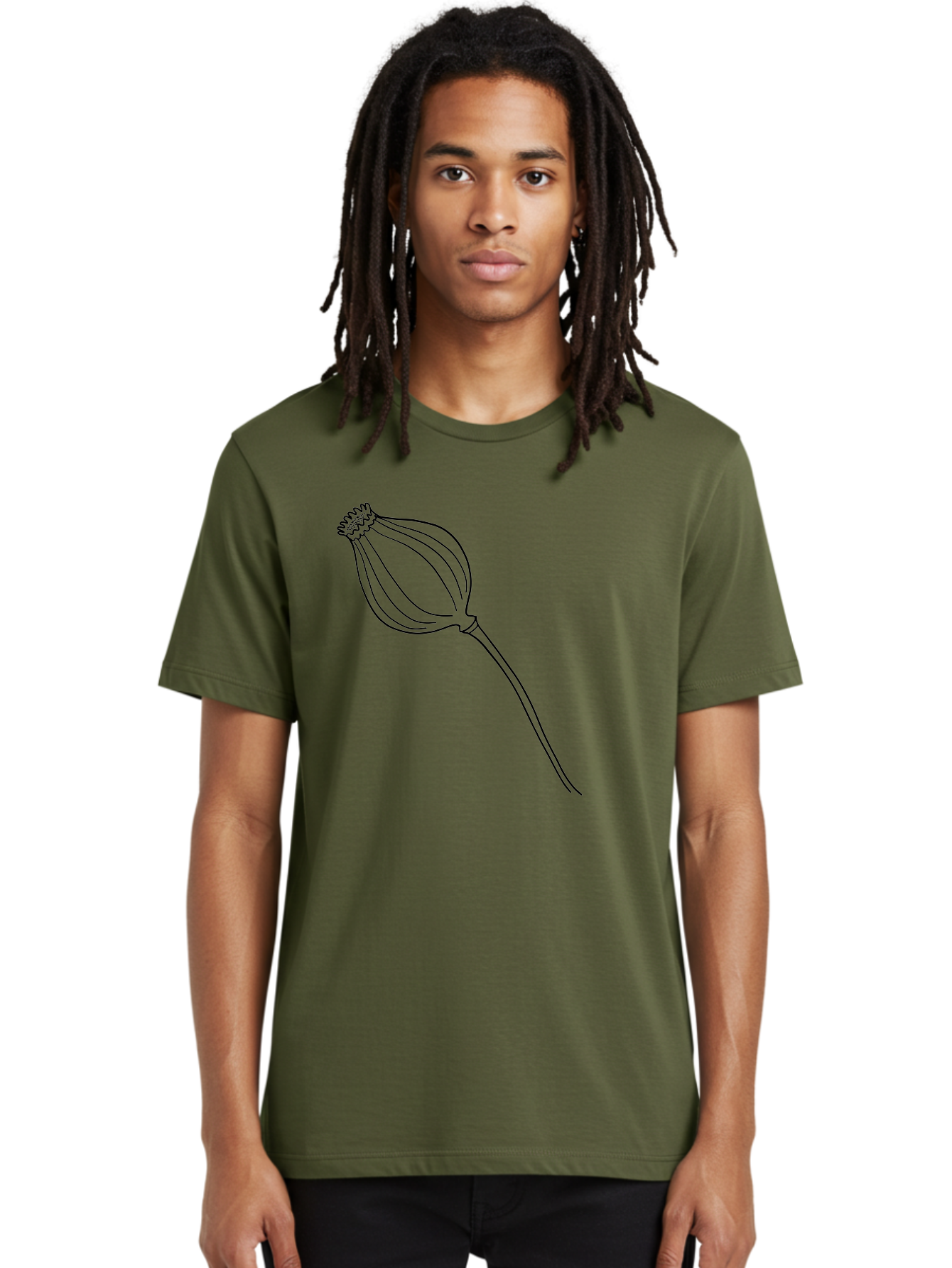 Dried-Poppy Men'S Graphic Tee, 100% Cotton, Comfortable Casual Summer Wear, Machine Washable, Simple Line Art, Minimalist Design, Flower Bud, Botanical Illustration, Elegant Lines, Delicate Form, Black Outline -  Aaa425