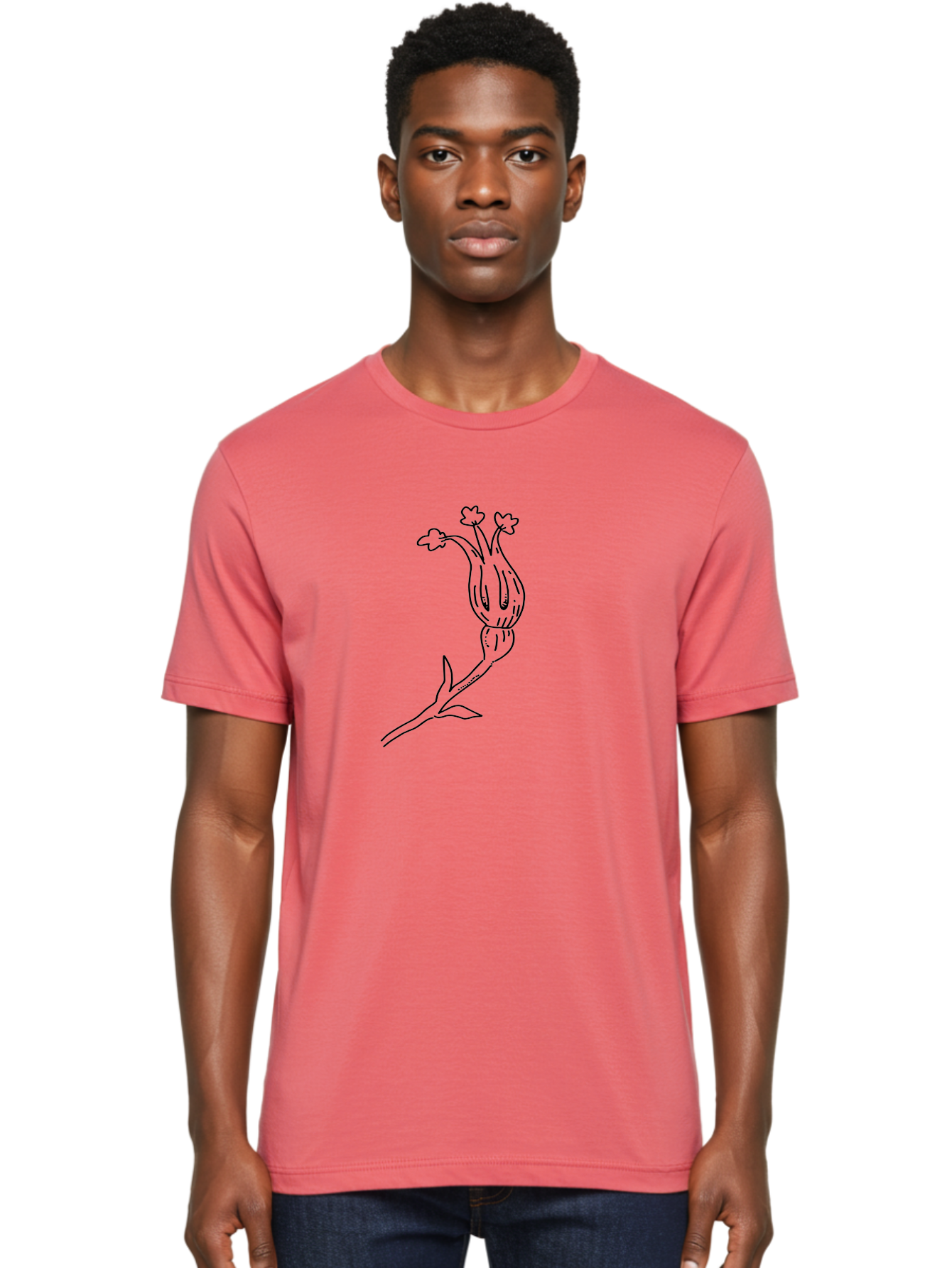 Flower-Illustration Men'S Graphic Tee, 100% Cotton, Comfortable Casual Summer Wear, Machine Washable, Simple Flower Drawing, Minimalist Art, Black Outline, Stylized Blooms, Hand-Drawn Illustration, Floral Design, Cartoon Flower -  Aaa433