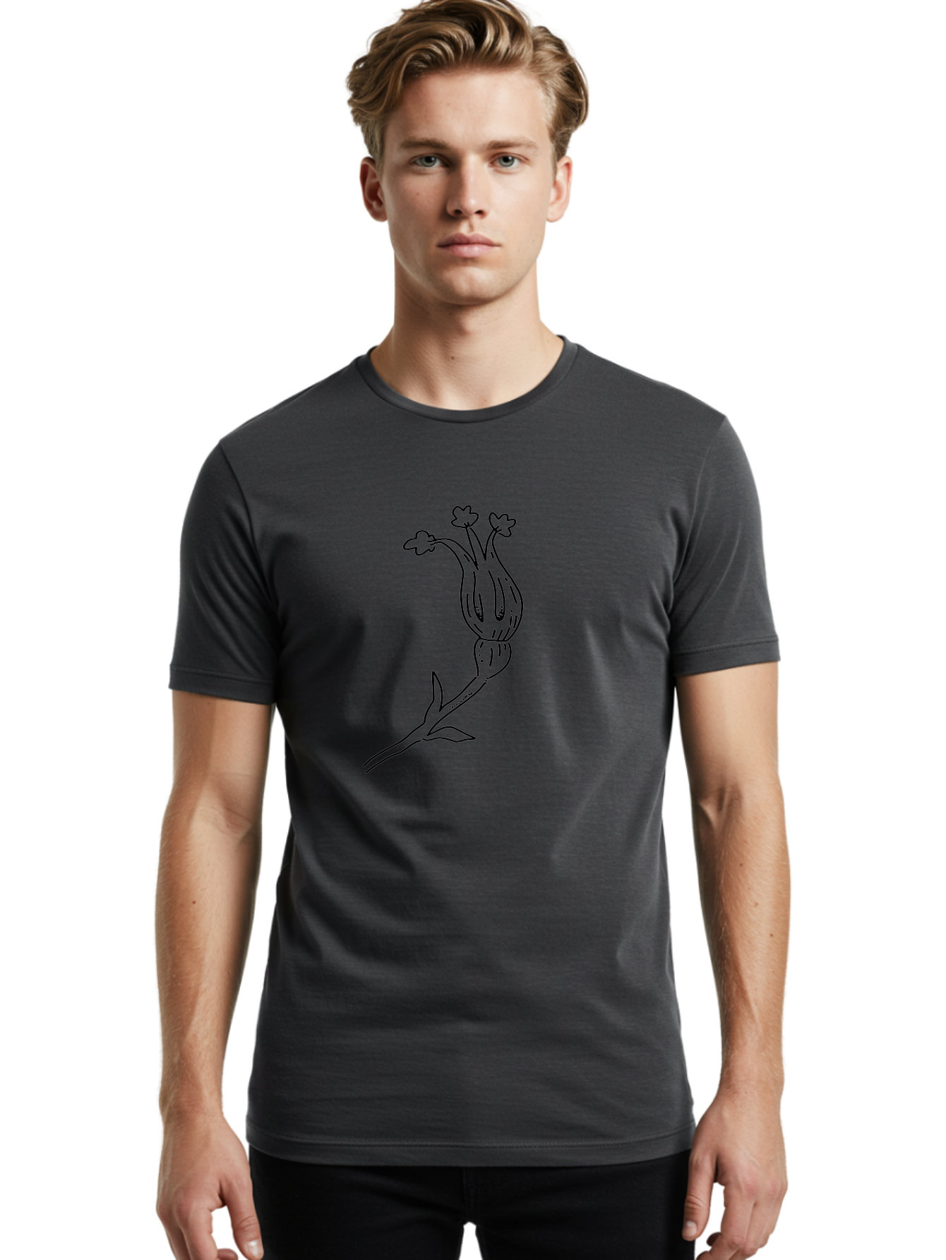 Flower-Illustration Men'S Graphic Tee, 100% Cotton, Comfortable Casual Summer Wear, Machine Washable, Simple Flower Drawing, Minimalist Art, Black Outline, Stylized Blooms, Hand-Drawn Illustration, Floral Design, Cartoon Flower -  Aaa433