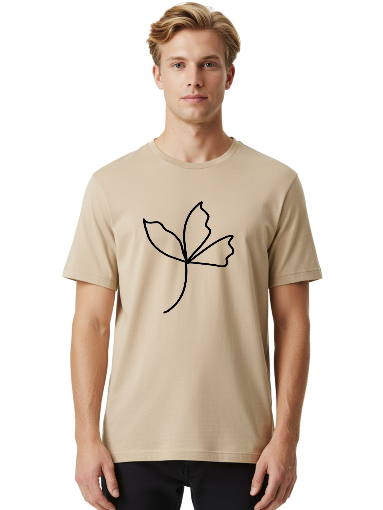 Flower-Outline Men'S Graphic Tee, 100% Cotton, Comfortable Casual Summer Wear, Machine Washable, Four Leaf Clover, Leafy Greens, Symbolic Icon, Minimalist Design, Simple Line Art, Stylized Clover, Elegant Graphics -  Aaa434