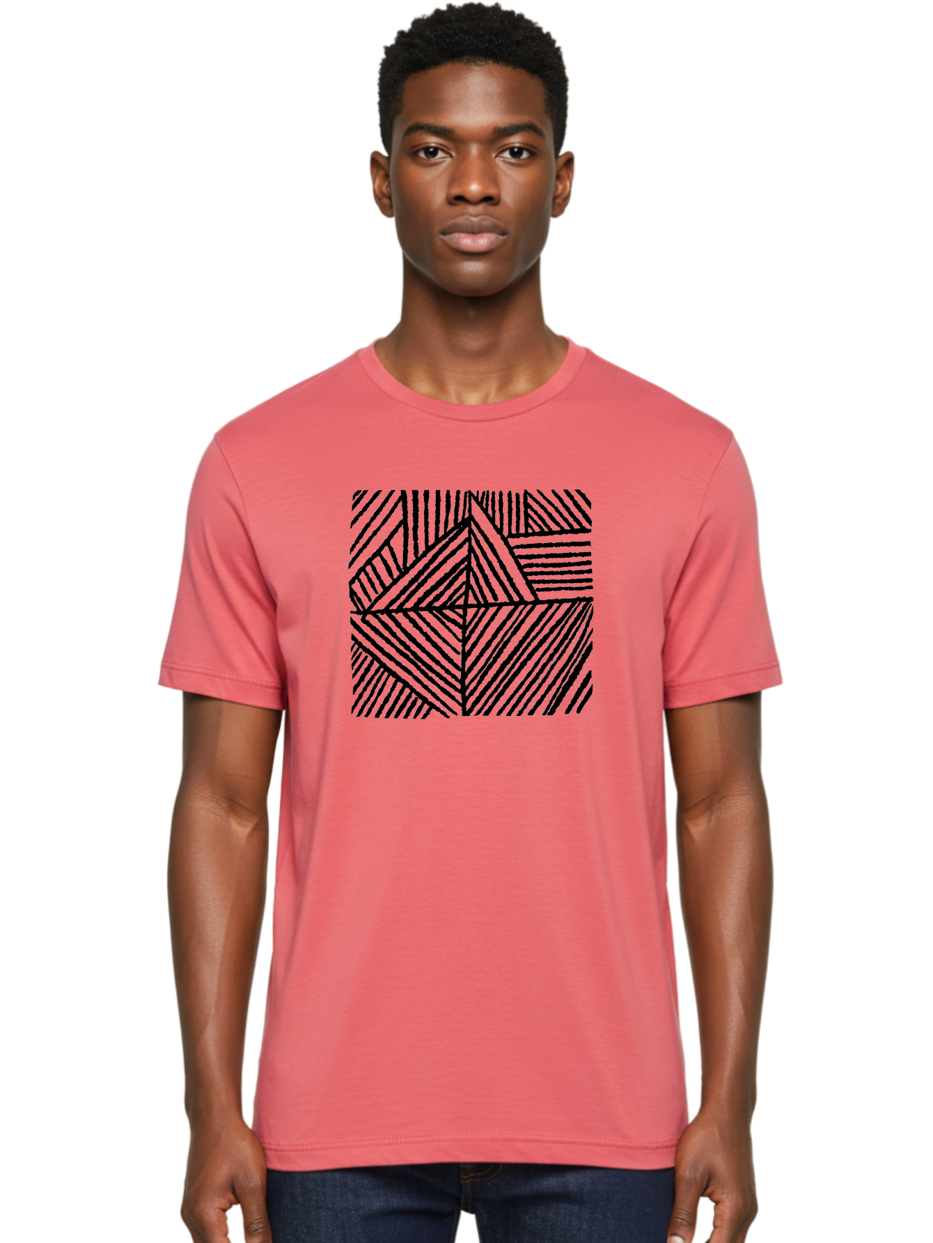Geometric-Pattern Men'S Graphic Tee, 100% Cotton, Comfortable Casual Summer Wear, Machine Washable, Geometric Pattern, Black Lines, Abstract Design, Modern Art, Optical Illusion, Diagonal Lines, Triangle Shapes, Minimalist Style -  Aaa436