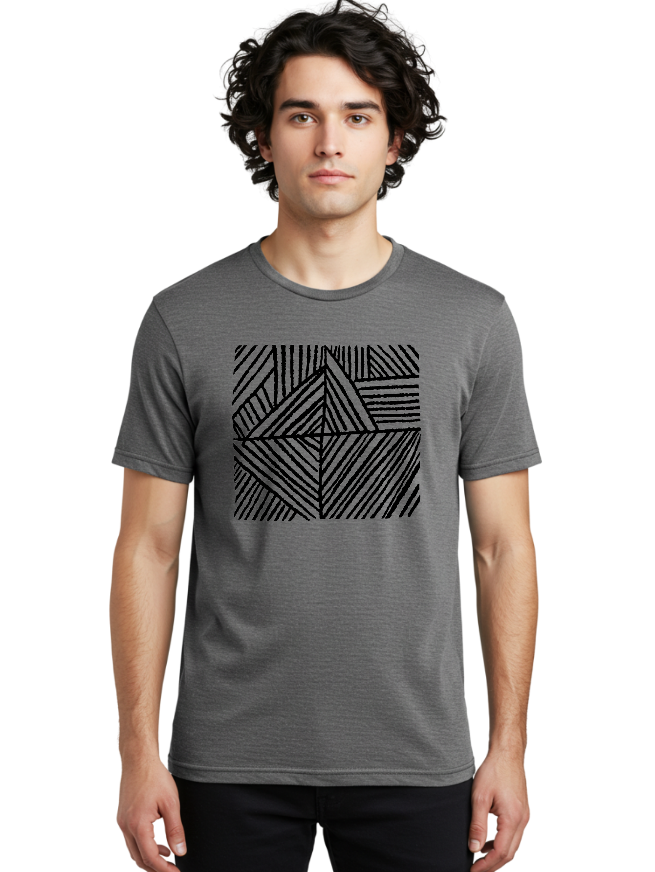 Geometric-Pattern Men'S Graphic Tee, 100% Cotton, Comfortable Casual Summer Wear, Machine Washable, Geometric Pattern, Black Lines, Abstract Design, Modern Art, Optical Illusion, Diagonal Lines, Triangle Shapes, Minimalist Style -  Aaa436