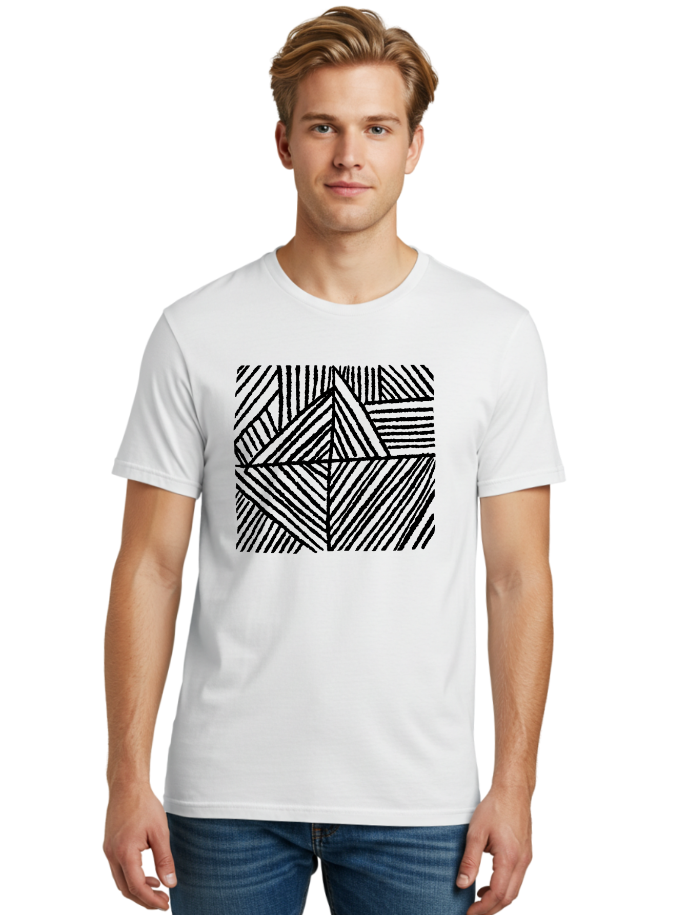 Geometric-Pattern Men'S Graphic Tee, 100% Cotton, Comfortable Casual Summer Wear, Machine Washable, Geometric Pattern, Black Lines, Abstract Design, Modern Art, Optical Illusion, Diagonal Lines, Triangle Shapes, Minimalist Style -  Aaa436