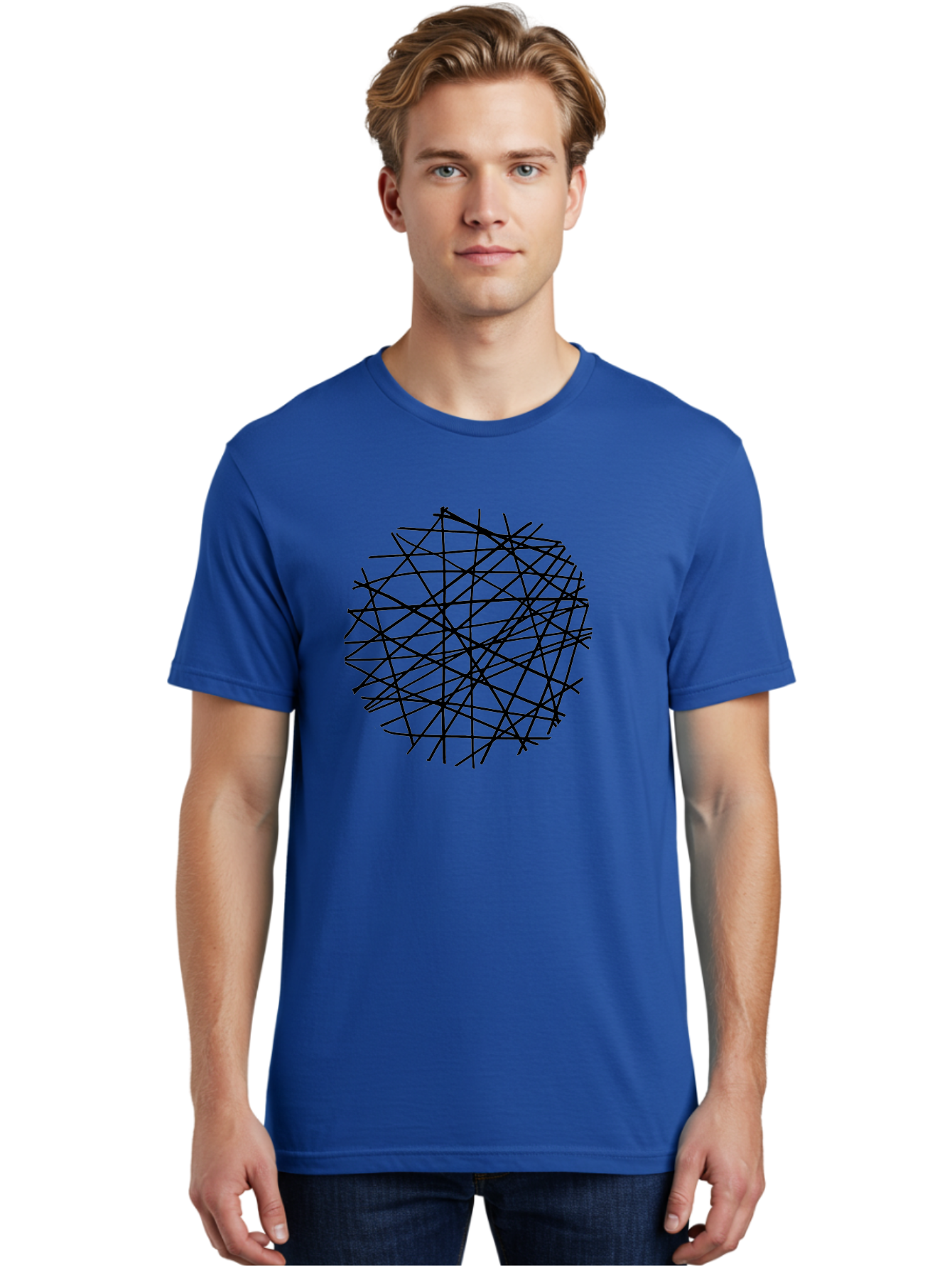 Intersecting-Lines Men'S Graphic Tee, 100% Cotton, Comfortable Casual Summer Wear, Machine Washable, Abstract Art, Chaotic Lines, Black Lines, Intersecting Lines, Complex Pattern, Modern Design, Graphic Illustration -  Aaa439
