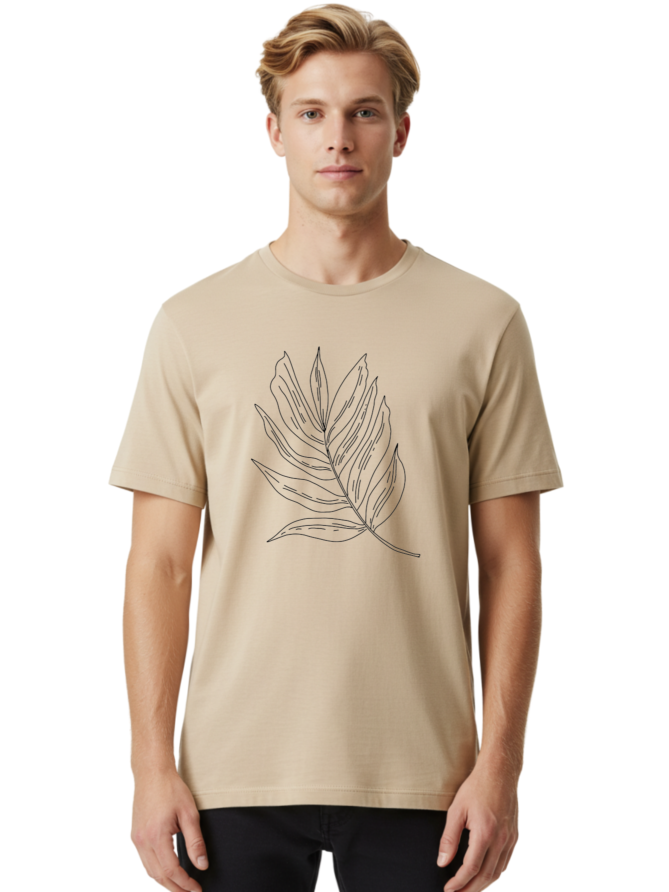 Leaf-Illustration Men'S Graphic Tee, 100% Cotton, Comfortable Casual Summer Wear, Machine Washable, Simple Leaf Illustration, Black Outline, Minimalist Design, Botanical Art, Hand-Drawn Leaf, Natural Elements, Foliage Graphic, -  Aaa446