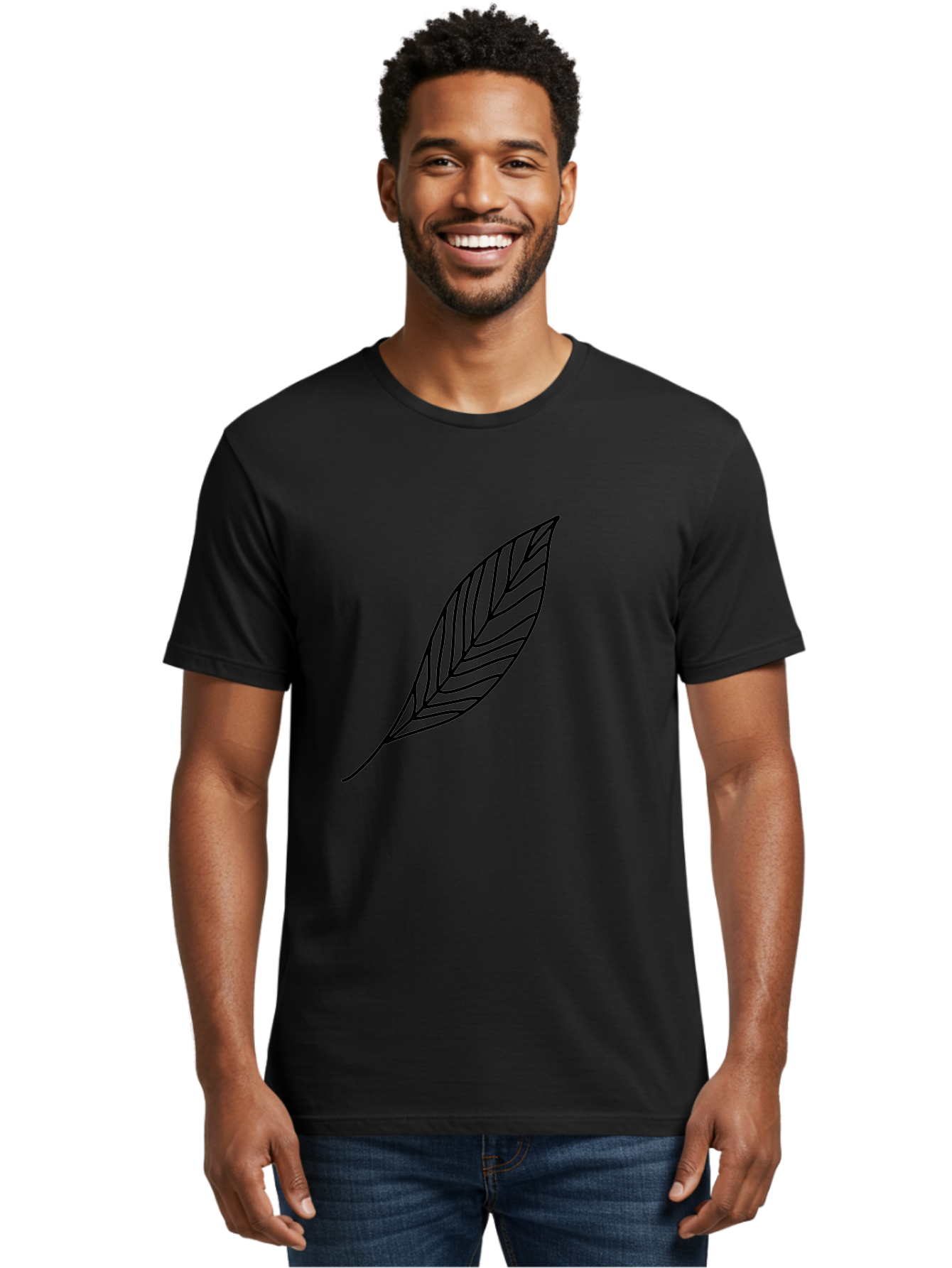 Leaf-Outline Men'S Graphic Tee, 100% Cotton, Comfortable Casual Summer Wear, Machine Washable, Simple Leaf Design, Black Outline, Leaf Illustration, Minimalist Art, Nature-Inspired Graphics, Eco-Friendly Icon -  Aaa447