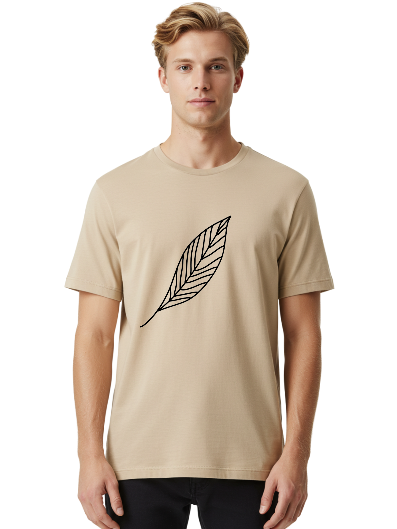 Leaf-Outline Men'S Graphic Tee, 100% Cotton, Comfortable Casual Summer Wear, Machine Washable, Simple Leaf Design, Black Outline, Leaf Illustration, Minimalist Art, Nature-Inspired Graphics, Eco-Friendly Icon -  Aaa447