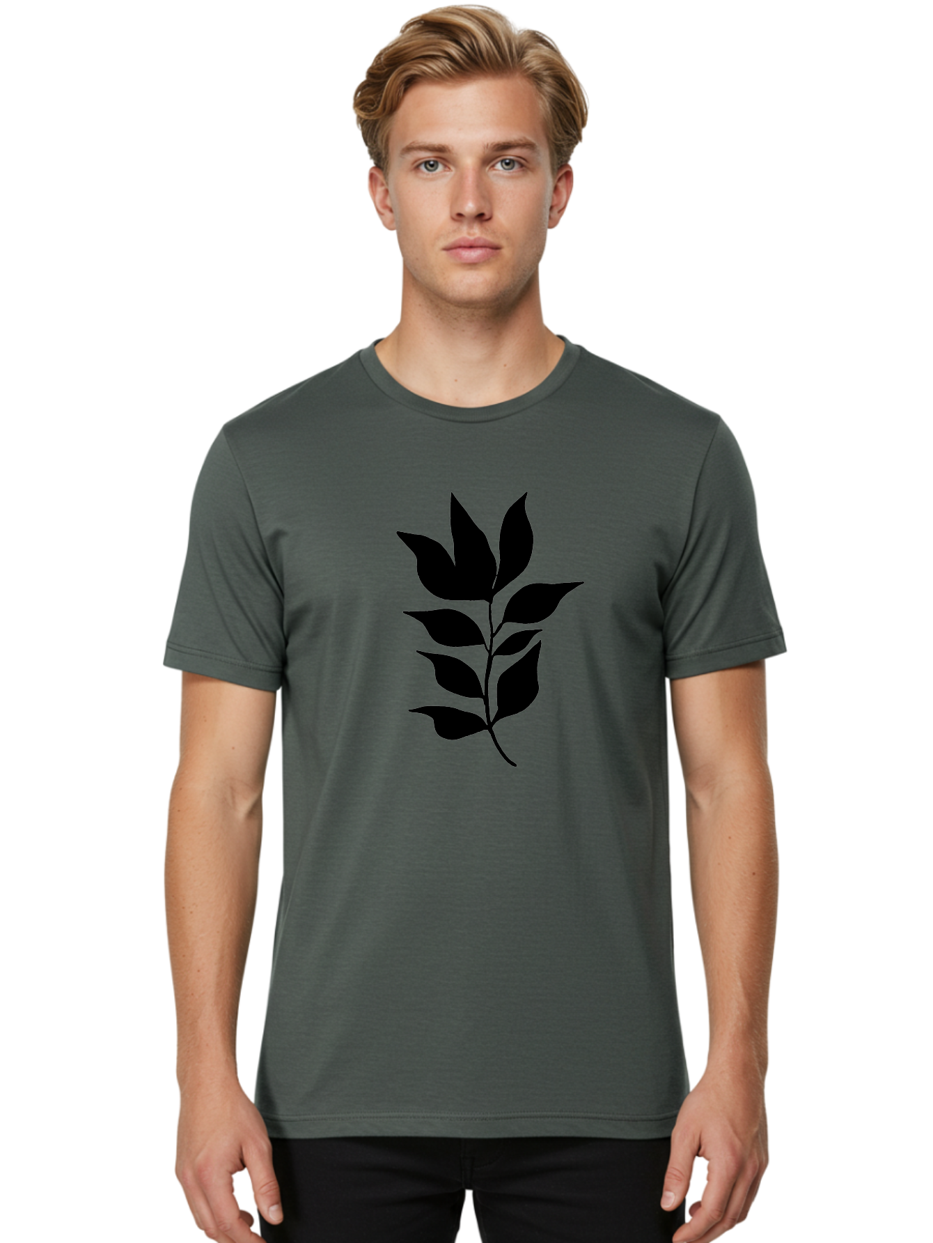 Leaf-Silhouette Men'S Graphic Tee, 100% Cotton, Comfortable Casual Summer Wear, Machine Washable, Leafy Branch, Foliage, Silhouette, Nature Icon, Simple Design, Leaf Graphics, Floral Element, Minimalist Art, Plant Symbol -  Aaa448