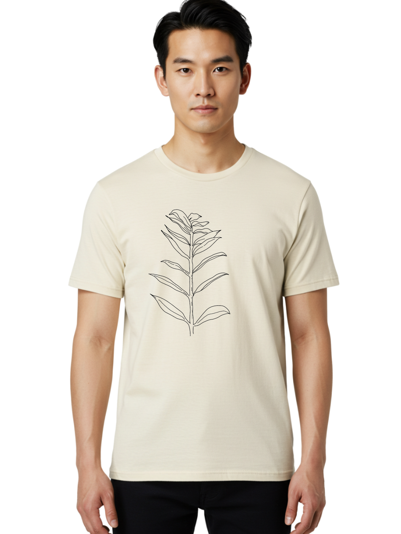 Leaf Men'S Graphic Tee, 100% Cotton, Comfortable Casual Summer Wear, Machine Washable, Hand-Drawn Leaf, Simple Illustration, Black Outline, Leafy Branch, Minimalist Design, Botanical Art -  Aaa449