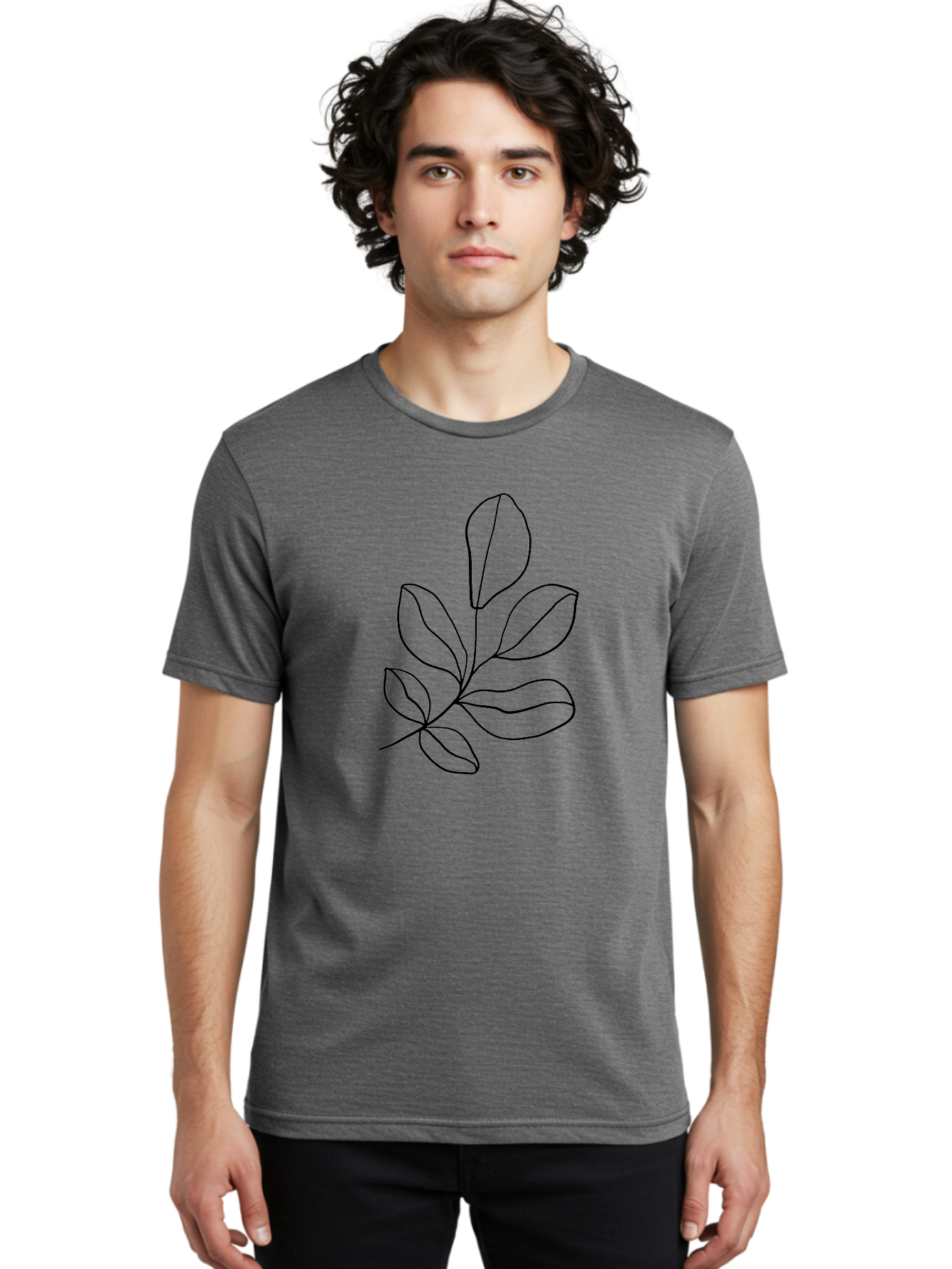 Leaves-2 Men'S Graphic Tee, 100% Cotton, Comfortable Casual Summer Wear, Machine Washable, Minimalist Leaf Design, Simple Line Art, Botanical Illustration, Leaf Pattern, Nature-Inspired Graphics, Organic Shapes, Black Outline -  Aaa451
